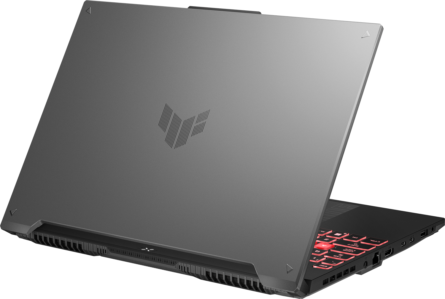 Egy szürke laptop kissé nyitva van, felfedve egy piros háttérvilágítású billentyűzetet. A laptopon logó látható.