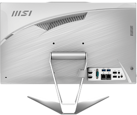 Egy fehér MSI all-in-one PC hátulja látható. Van egy állványa, portjai és az MSI logója. A felület csiszolt fém hatású.