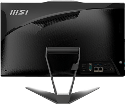 Egy fekete MSI all-in-one asztali számítógép hátulja. Tartóval, portokkal és MSI logóval. A felület mintás.