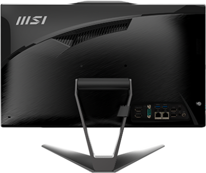 Egy fekete MSI all-in-one asztali számítógép hátulja. Portok és állvány láthatók. MSI logó bal felül.