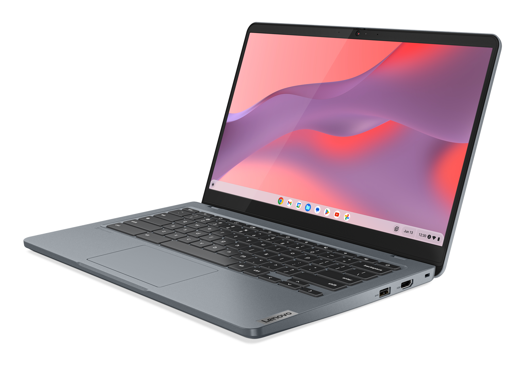 Laptop Lenovo z otwartym ekranem, wyświetlający kolorowe tło. Ma szarą klawiaturę i czarne tło.