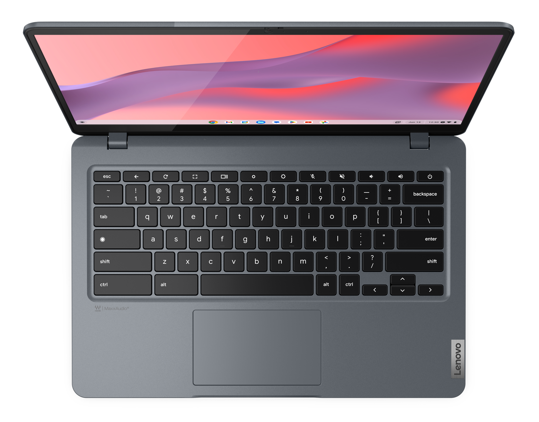 Widok z góry szarego laptopa Lenovo z otwartym ekranem. Widoczna klawiatura z czarnymi klawiszami. Czarne tło.