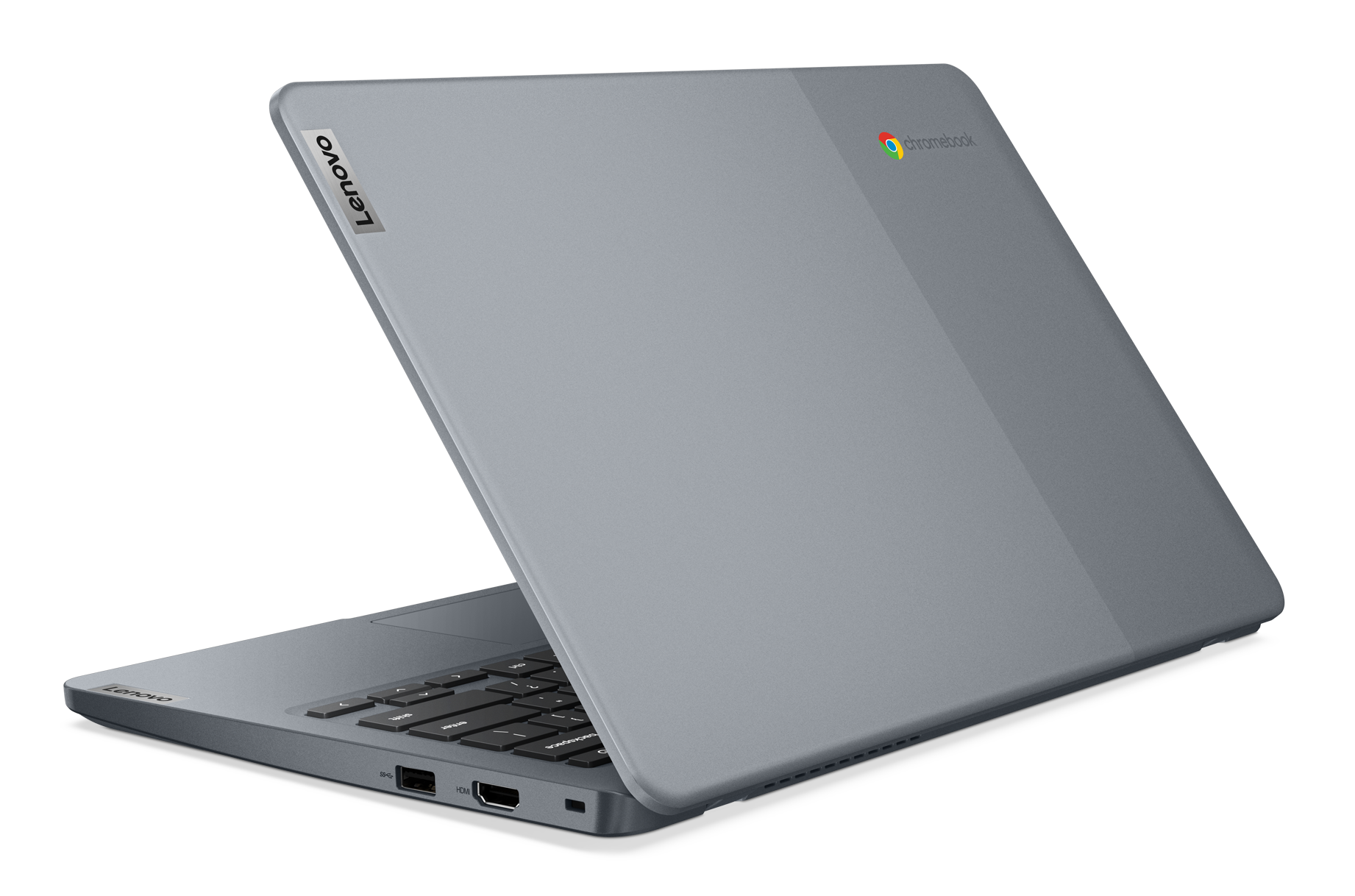 Szary laptop Lenovo Chromebook jest lekko otwarty. Klawiatura jest widoczna. Logo Chromebooka znajduje się w prawym górnym rogu.