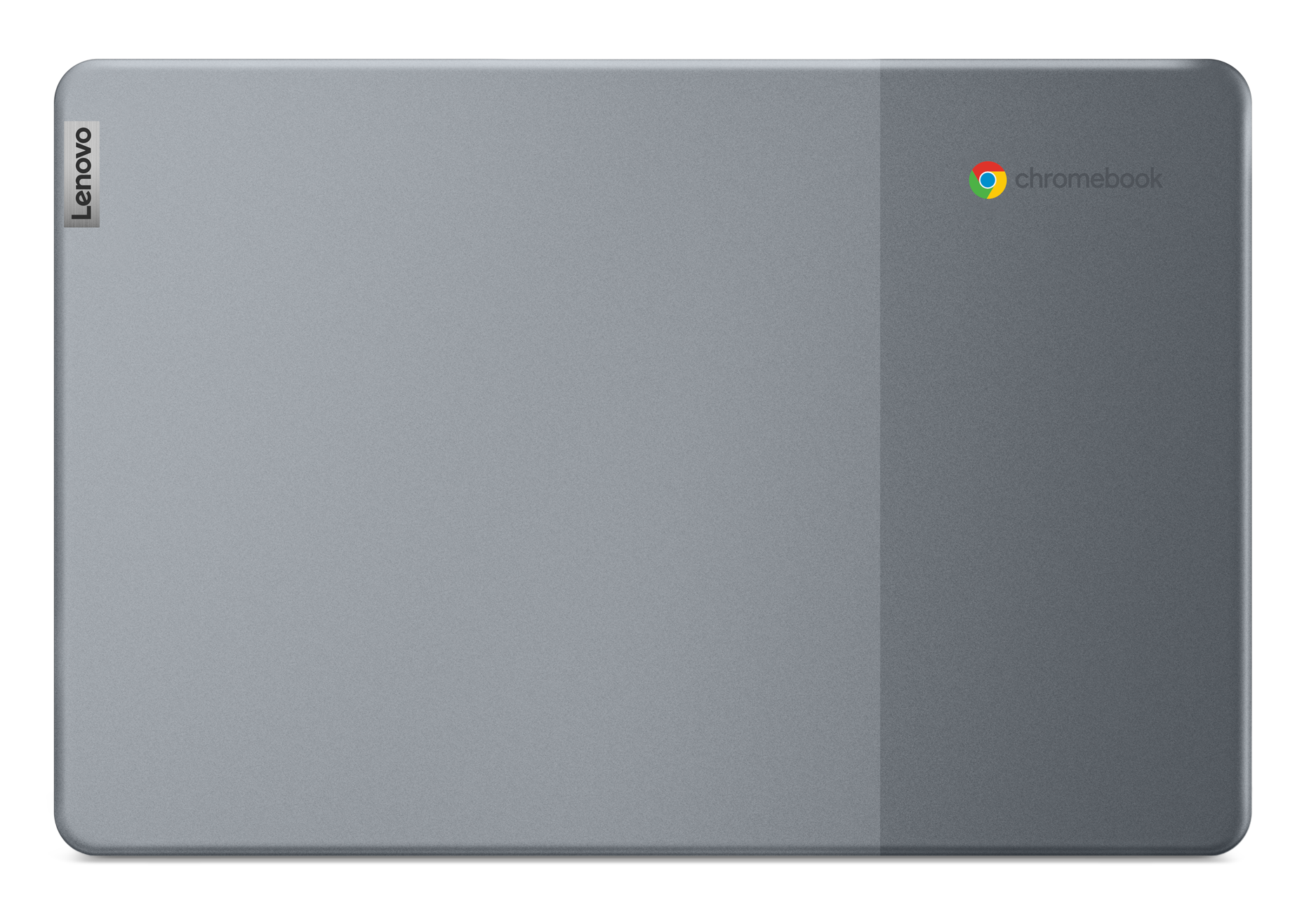 Lenovo Chromebook w kolorze srebrnym. Nazwa marki po lewej stronie. Logo Chrome po prawej.