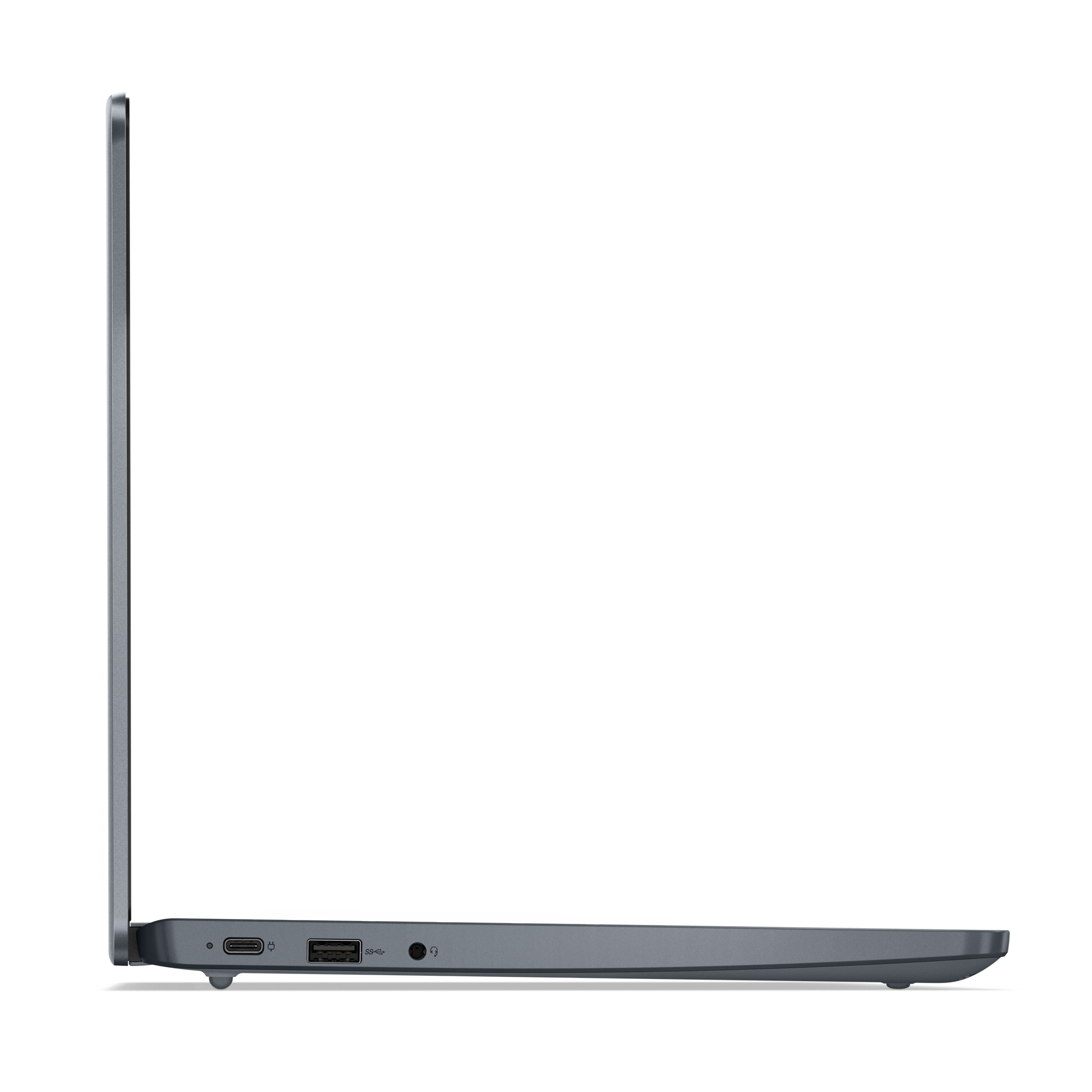 Widok z boku szarego laptopa na czarnym tle. Widoczne porty z boku.