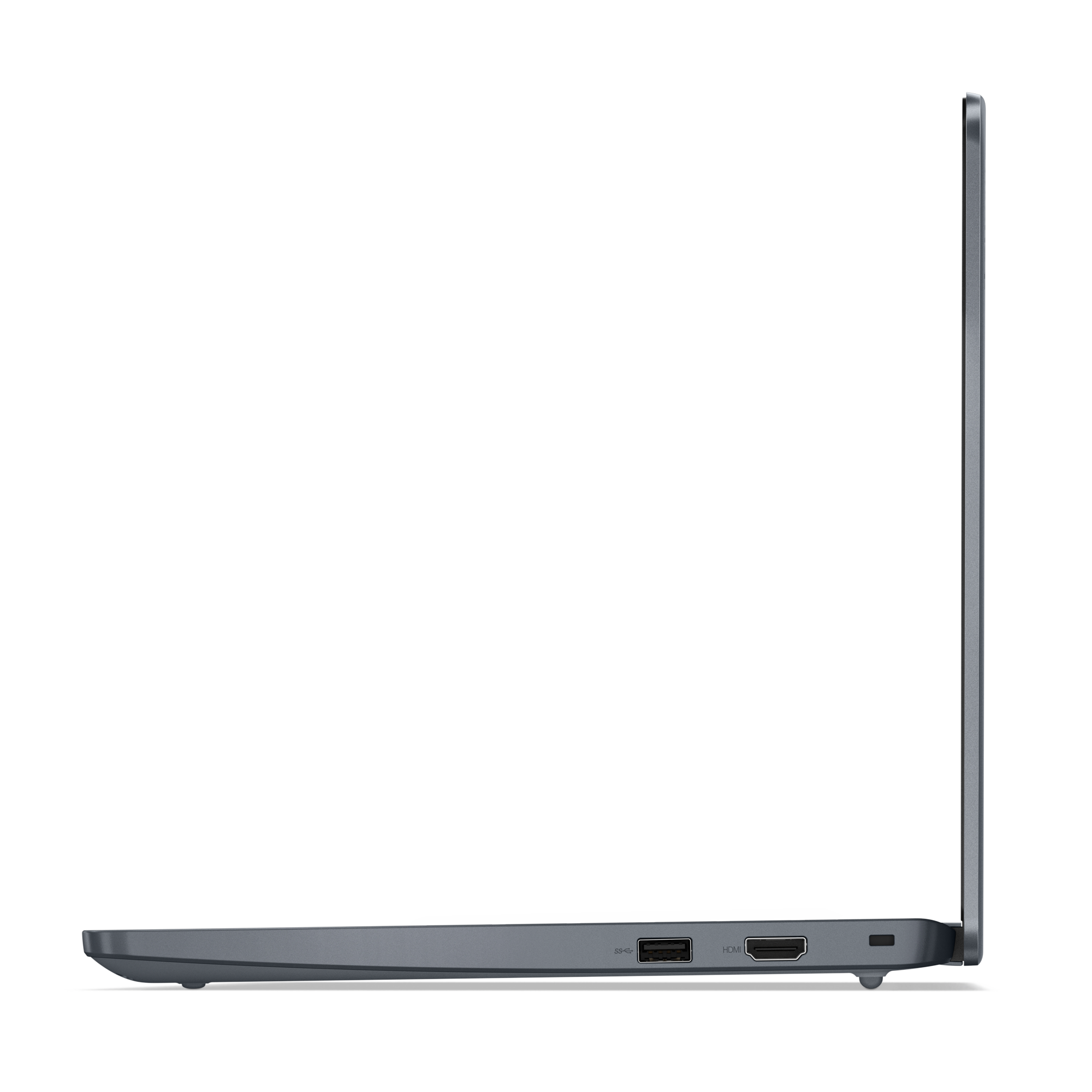 Widok z boku szarego laptopa z widocznymi portami. Ekran jest otwarty. Czarne tło.