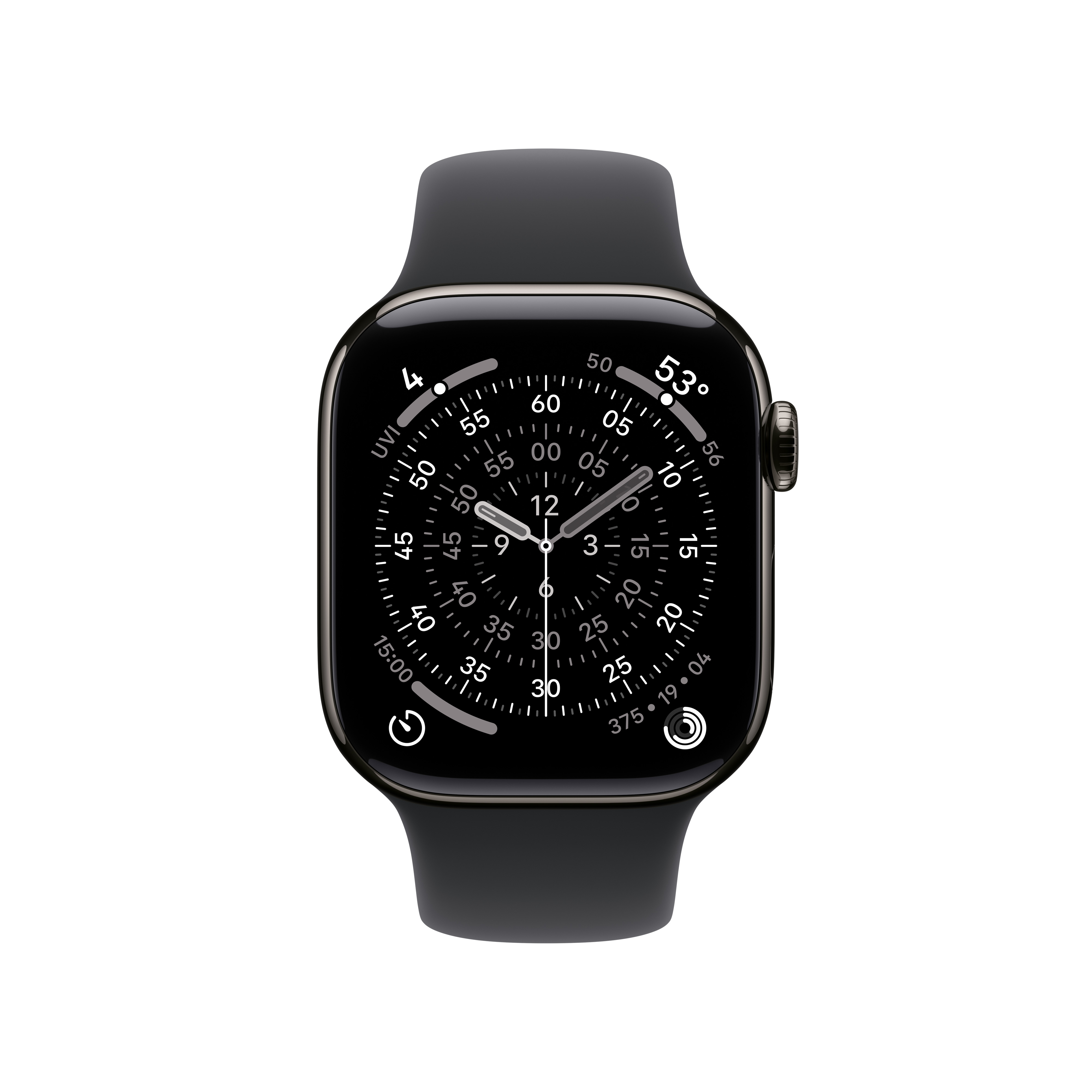 Une Apple Watch noire sur fond blanc. Le cadran affiche l'heure et d'autres mesures.