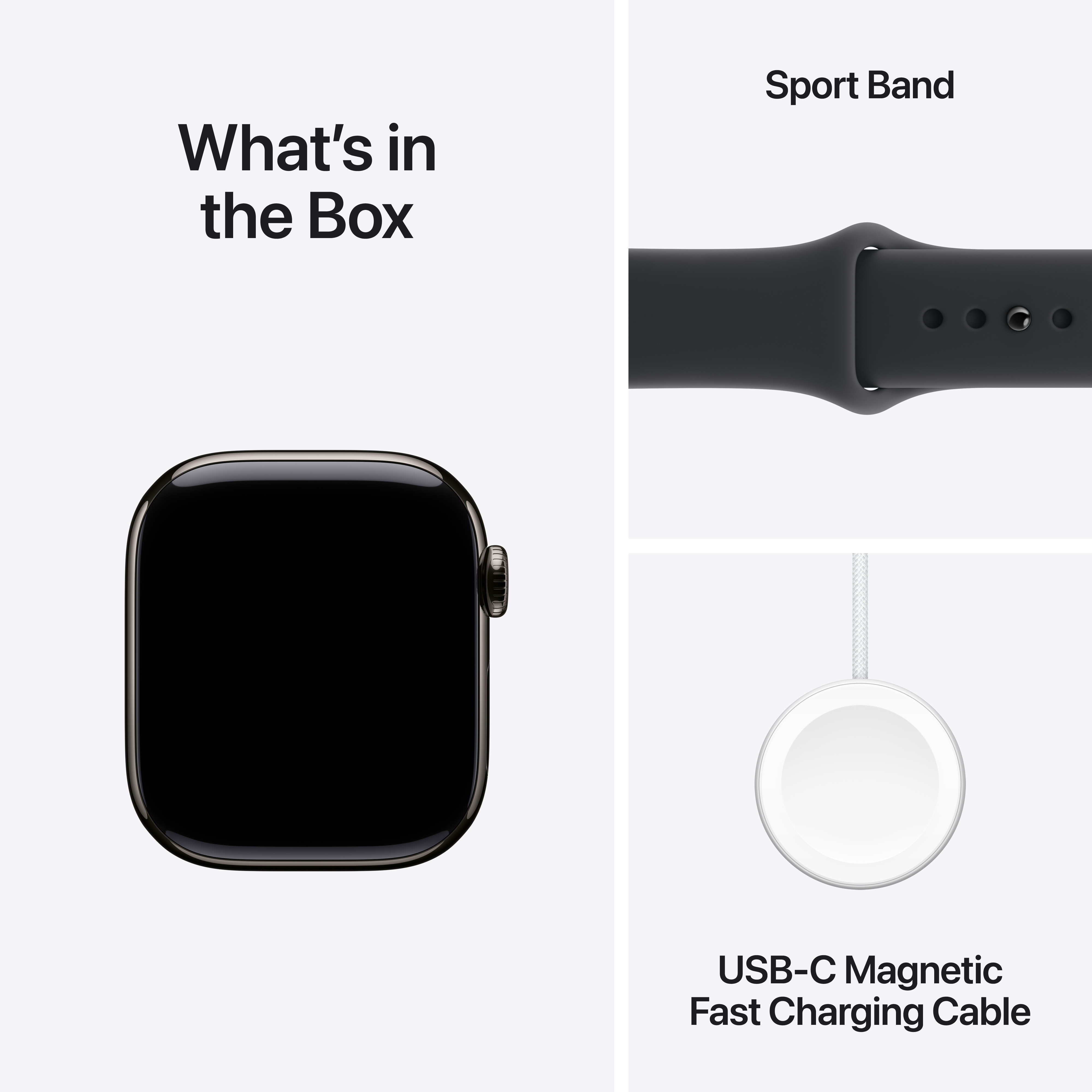 L'image montre une Apple Watch, un bracelet de sport noir et un câble de charge USB-C. Le texte dit 'Qu'y a-t-il dans la boîte'.