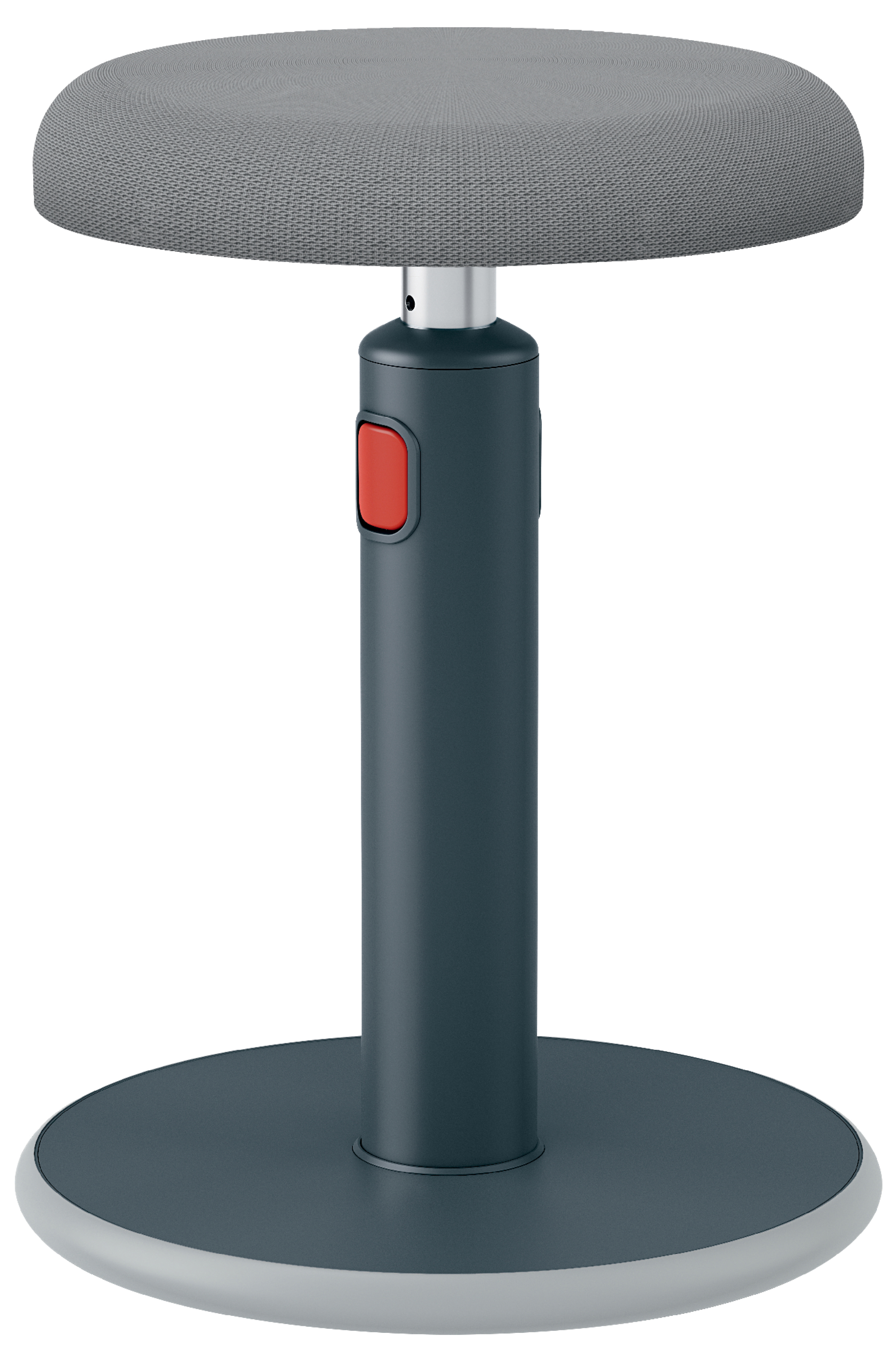 Ein grauer Hocker mit rundem Sitz, dunkelgrauer Säule, roter Taste und rundem Fuß mit hellgrauem Rand.