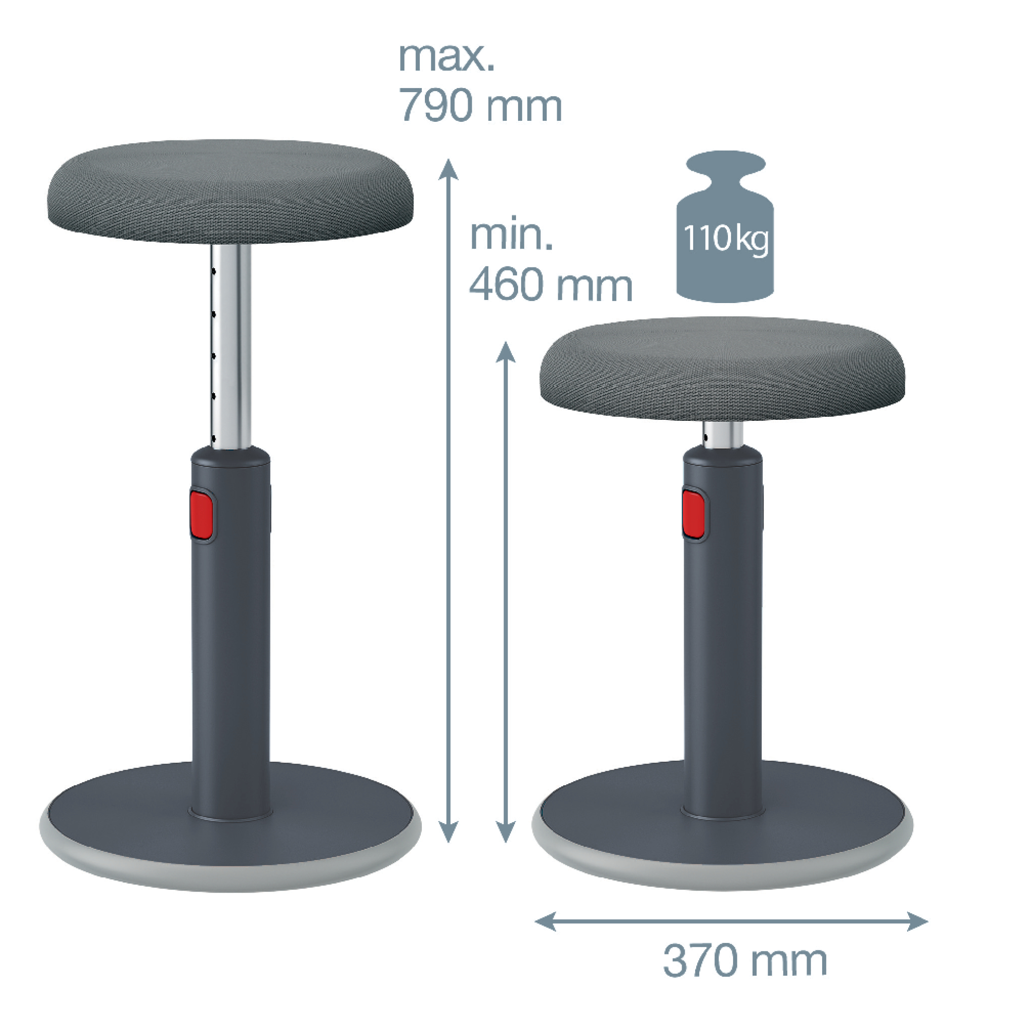 Zwei verstellbare graue Hocker mit Maßangaben. Einer zeigt min. 460mm, max. 790mm. Der andere zeigt 370mm und ein Gewicht von 110kg.