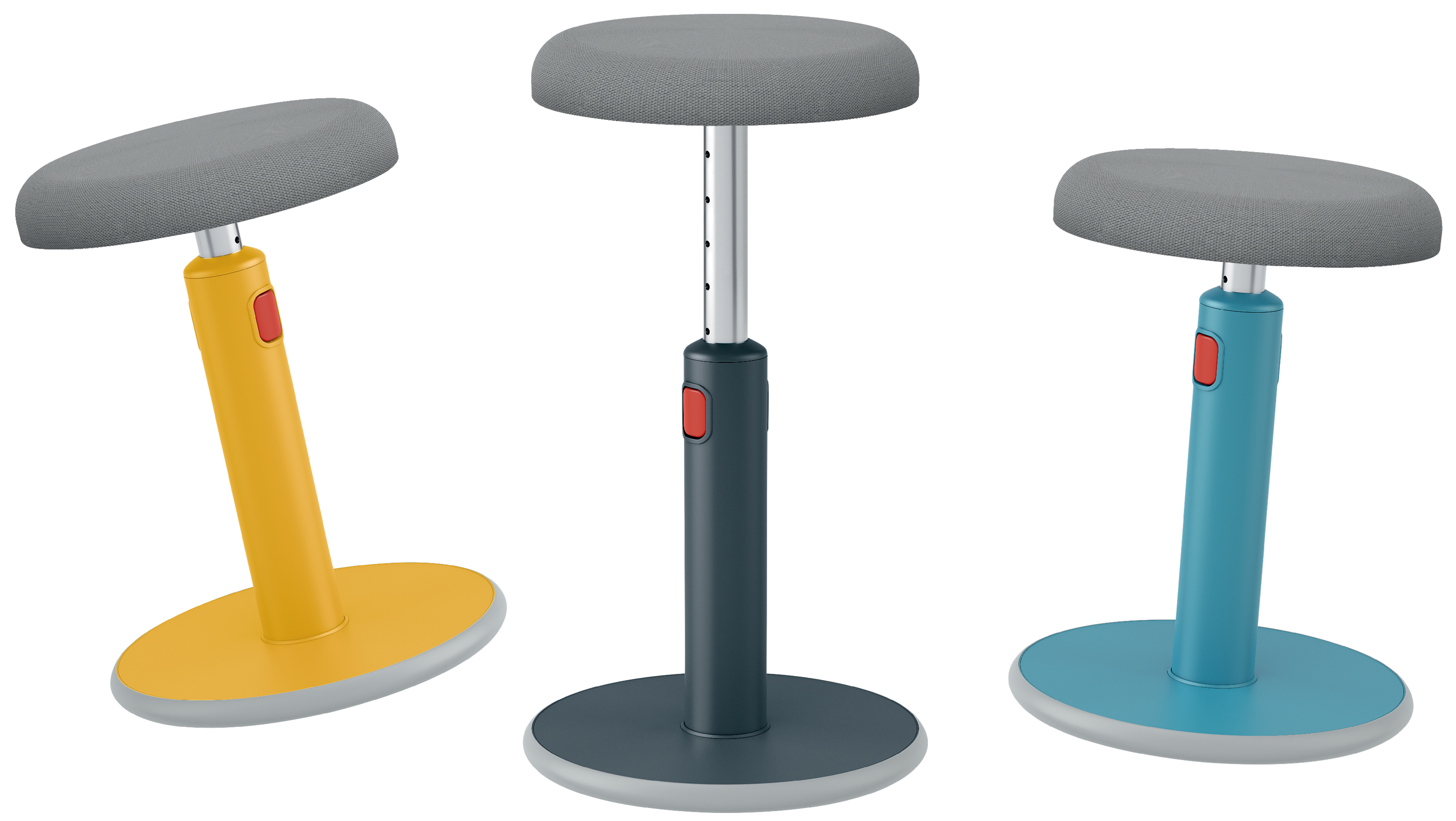 Drei verstellbare Hocker in Gelb, Grau und Blau. Jeder hat einen runden grauen Sitz und eine farbige Basis mit rotem Verstellknopf.