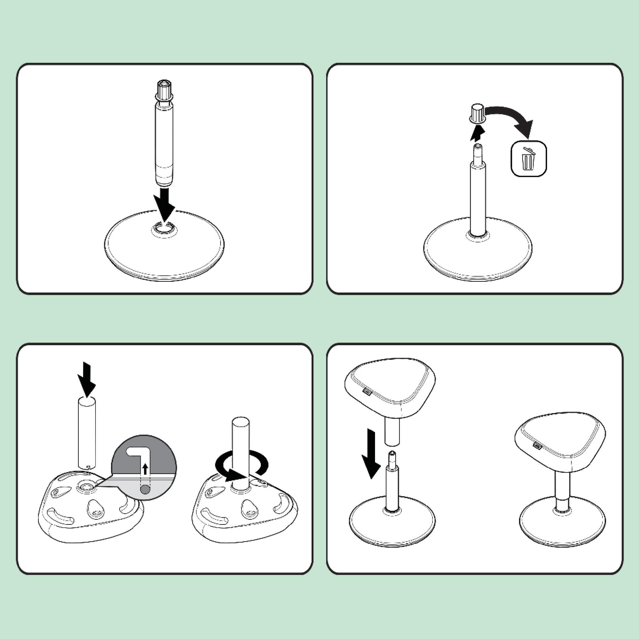 Montageanleitung für einen Hocker: Schrittweises Anbringen von Fuß, Stange und Sitz. Illustriert mit Pfeilen.