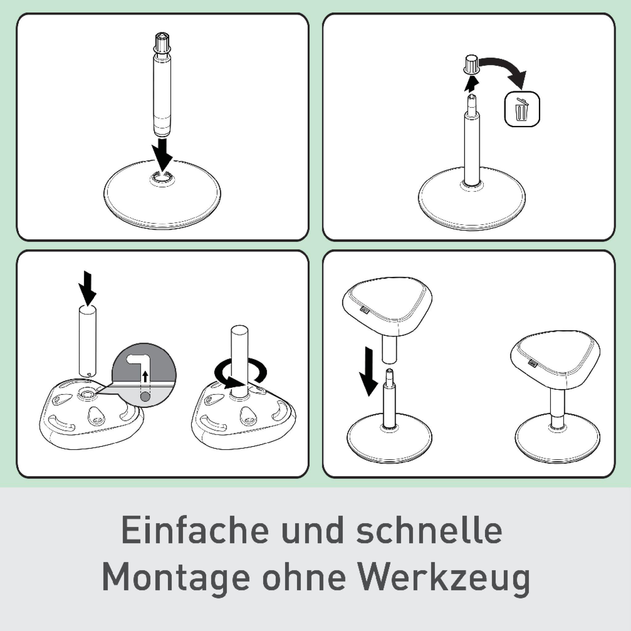 Montageanleitung: Basis, Stange und Sitz werden Schritt für Schritt verbunden. Text unten: Einfache und schnelle Montage ohne Werkzeug.