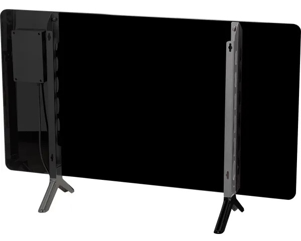 Tył czarnego telewizora ze srebrnymi nóżkami. Po lewej stronie znajduje się czarne pudełko, a po prawej srebrny wspornik.