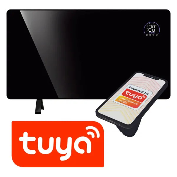 Czarny panel z wyświetlaczem cyfrowym, smartfon z logo Tuya i logo Tuya poniżej.