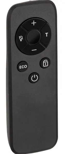 Czarny pilot z przyciskami: zasilanie, eco, blokada, światło, plus, minus i T. Ma zaokrąglony prostokątny kształt.