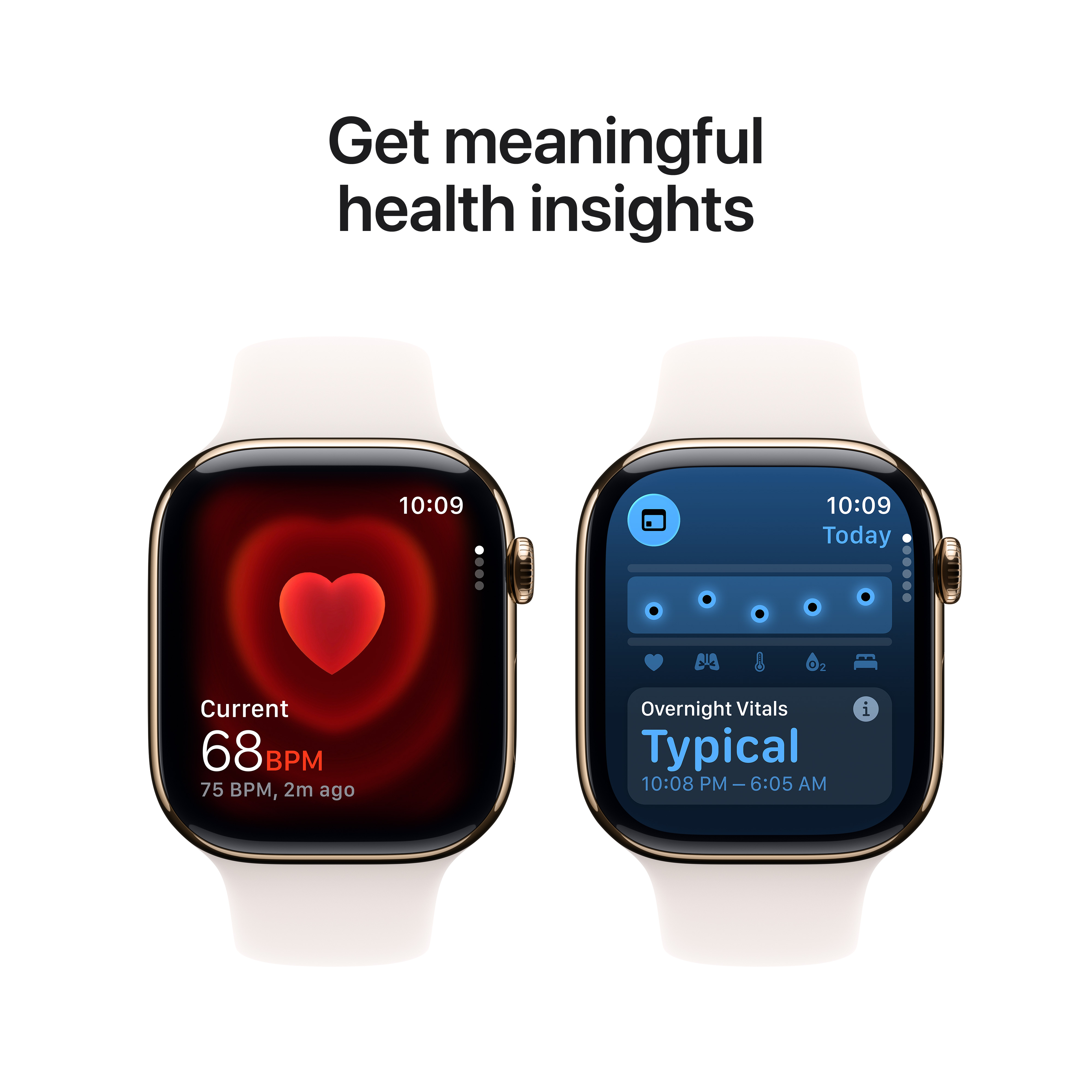 Deux montres connectées affichent des données de santé : fréquence cardiaque et constantes nocturnes. Bracelets blancs, boîtiers dorés.