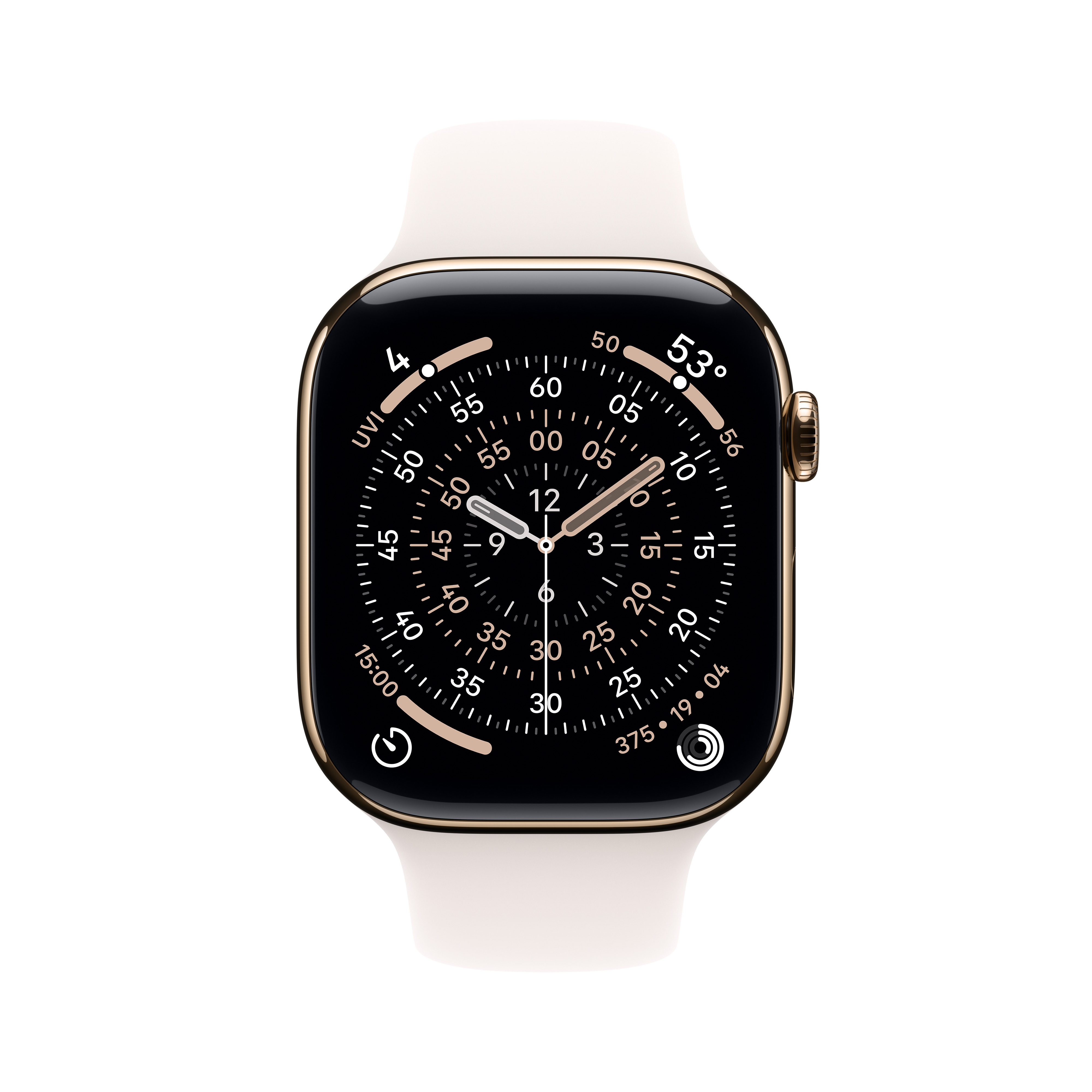 Apple Watch dorée avec écran noir affichant l'heure et des chiffres. Bracelet blanc. Détails incluent un cadran numérique.