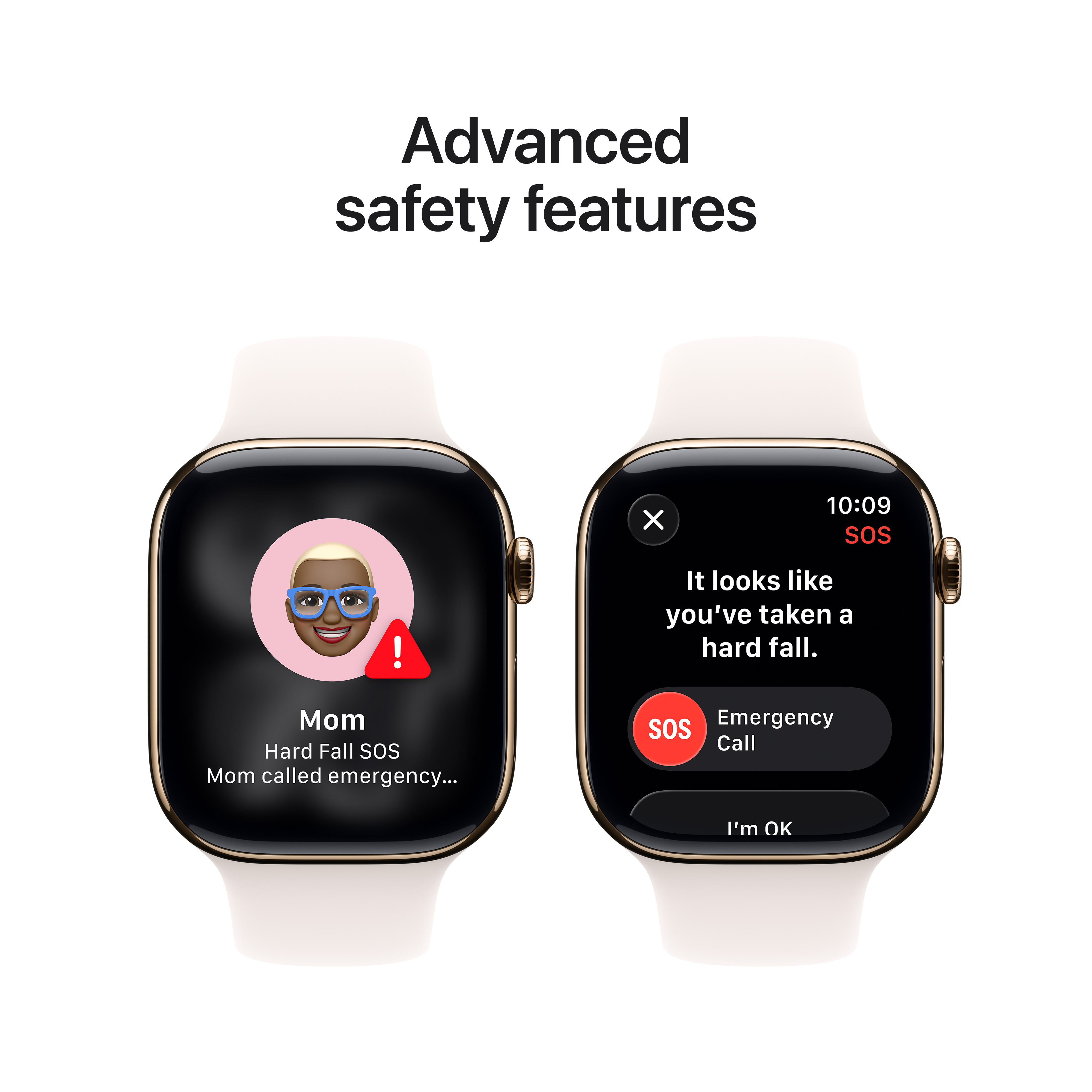 Deux montres intelligentes affichant des fonctions SOS. L'une montre un appel d'urgence, l'autre une alerte de détection de chute avec contact maman.