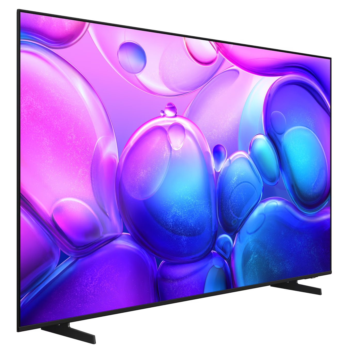 Duży telewizor wyświetla abstrakcyjną sztukę fioletowych, niebieskich i różowych baniek. Telewizor ma czarne ramki i stoi na dwóch czarnych nóżkach.