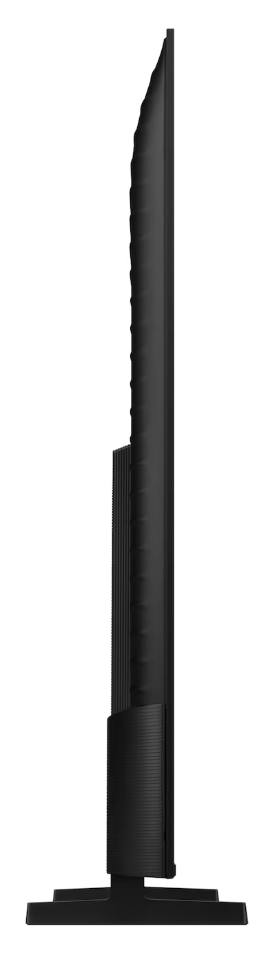 Widok z boku czarnego telewizora na białym tle. Telewizor ma podstawę.