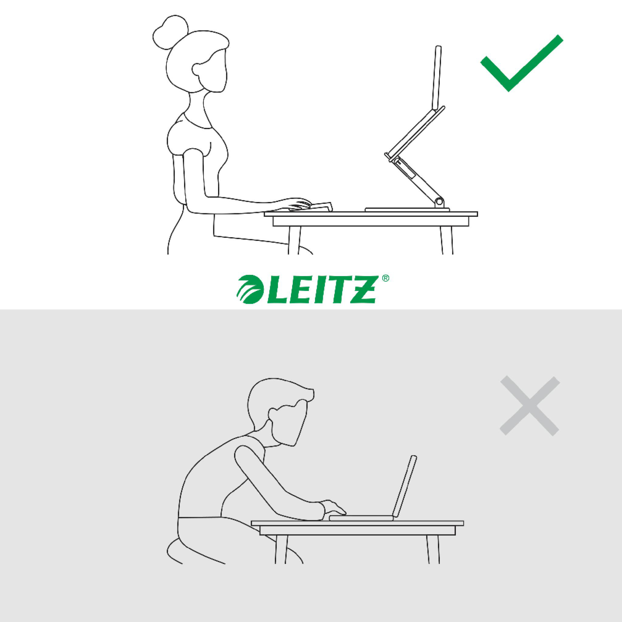 Korrekte Haltung mit Laptop auf Ständer vs. falsche Haltung mit Laptop auf dem Schreibtisch. Grünes Häkchen, rotes X.