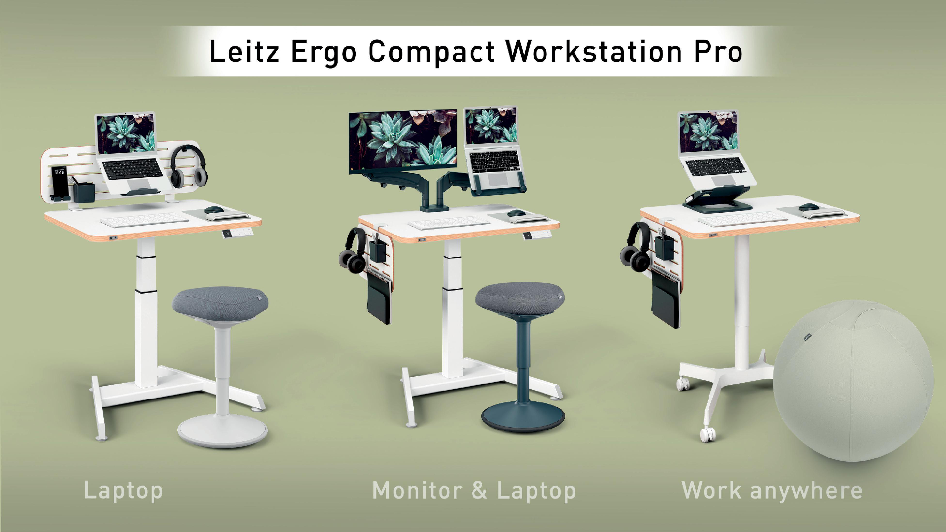 Das Bild zeigt drei Arbeitsplatz-Setups: Laptop, Monitor & Laptop und Arbeit überall. Jedes hat einen Schreibtisch, Laptop, Kopfhörer und einen Hocker oder Gymnastikball.