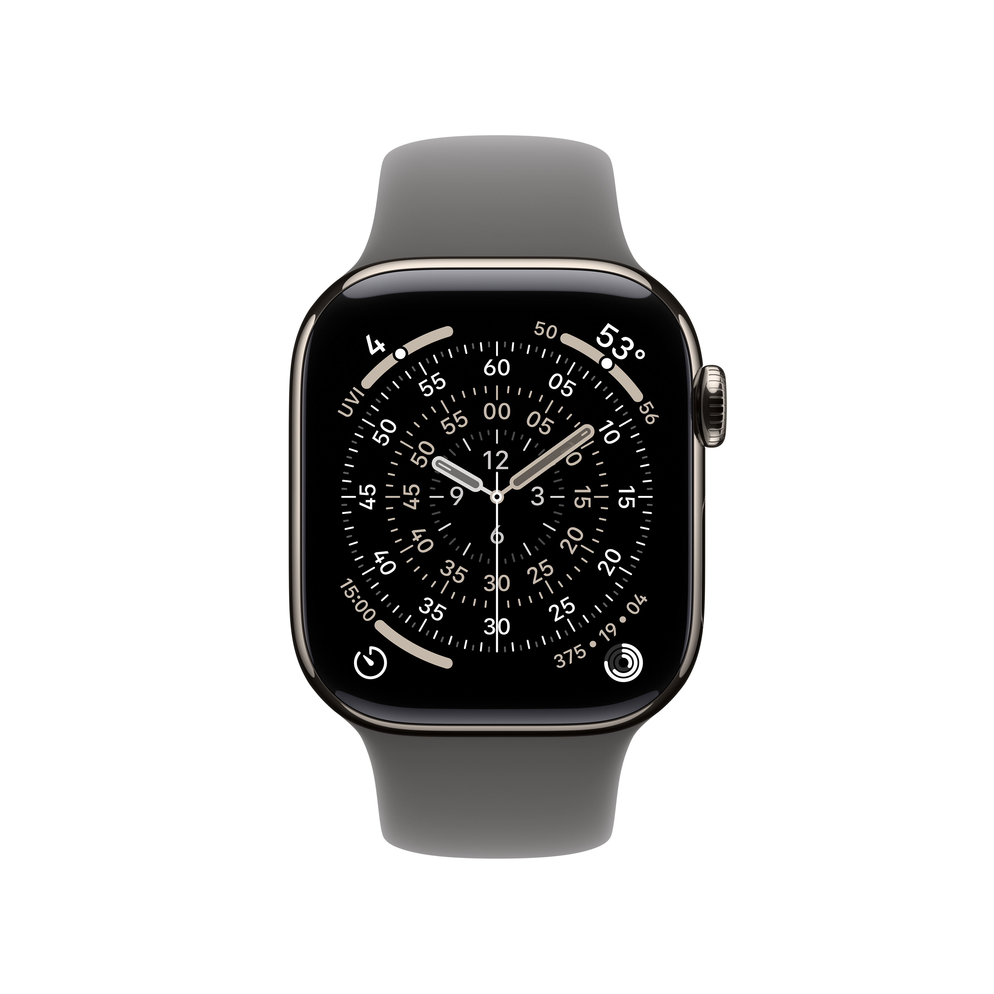 Une smartwatch avec un écran noir affichant l'heure et des mesures, avec un bracelet gris, sur fond blanc.