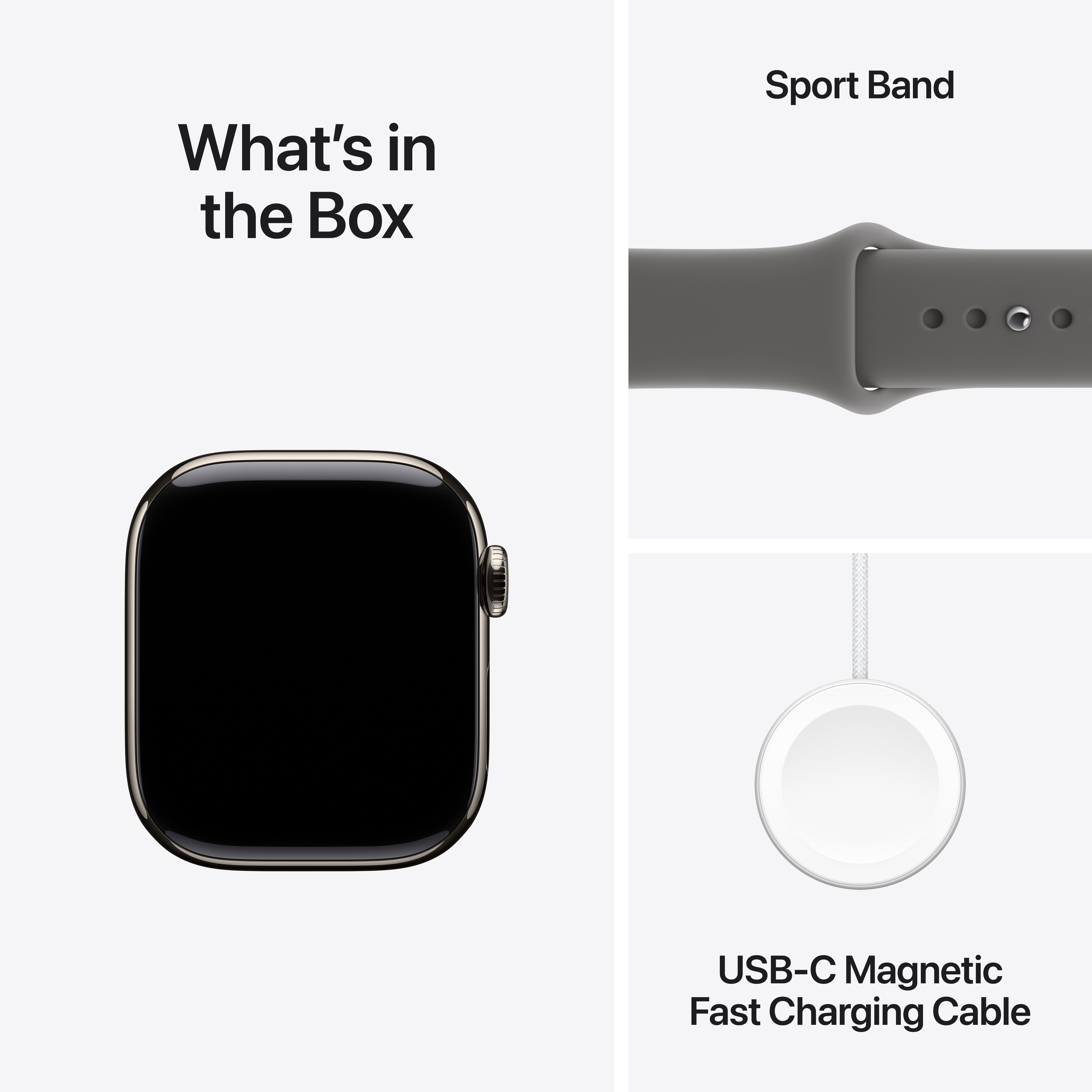L'image montre une Apple Watch, un bracelet sport gris et un câble de chargement magnétique USB-C sur fond blanc.
