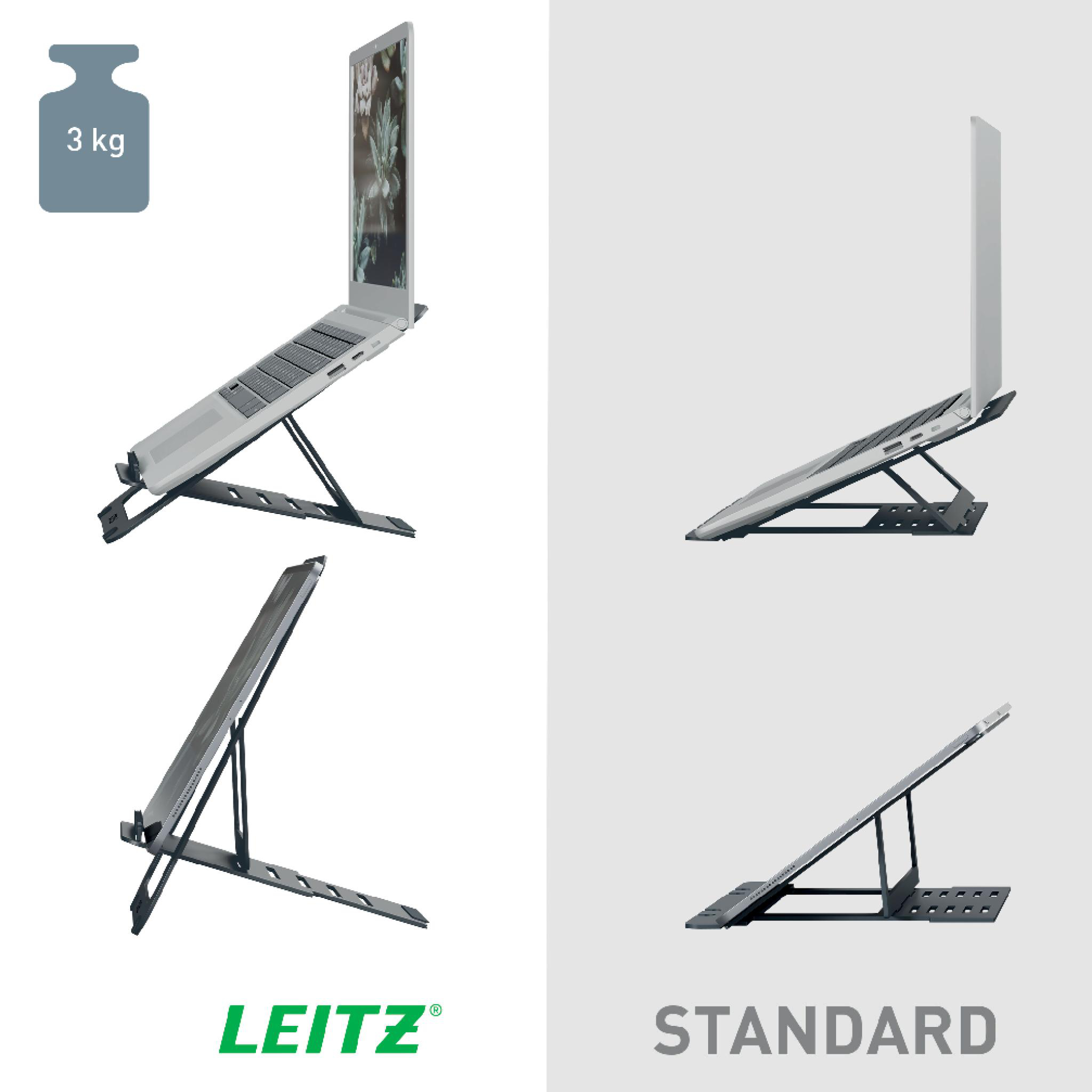 Laptop auf Ständer, mehrere Ansichten. Der Ständer ist schwarz, der Laptop silber. Gewichtsanzeige zeigt 3 kg.