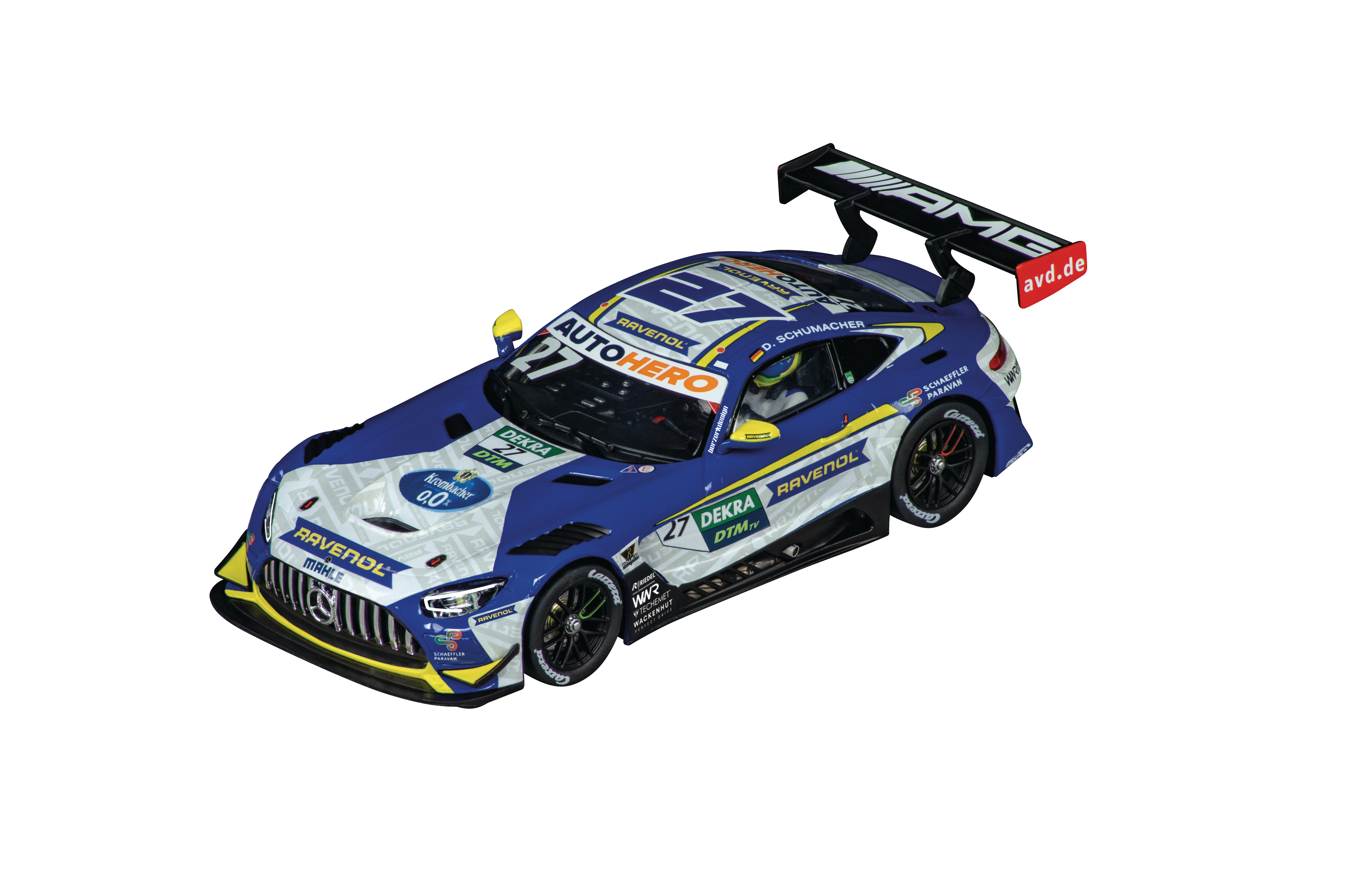 Blau-weißes AMG-Rennwagen mit Nummer 27, Sponsoren und Heckspoiler, vor weißem Hintergrund.