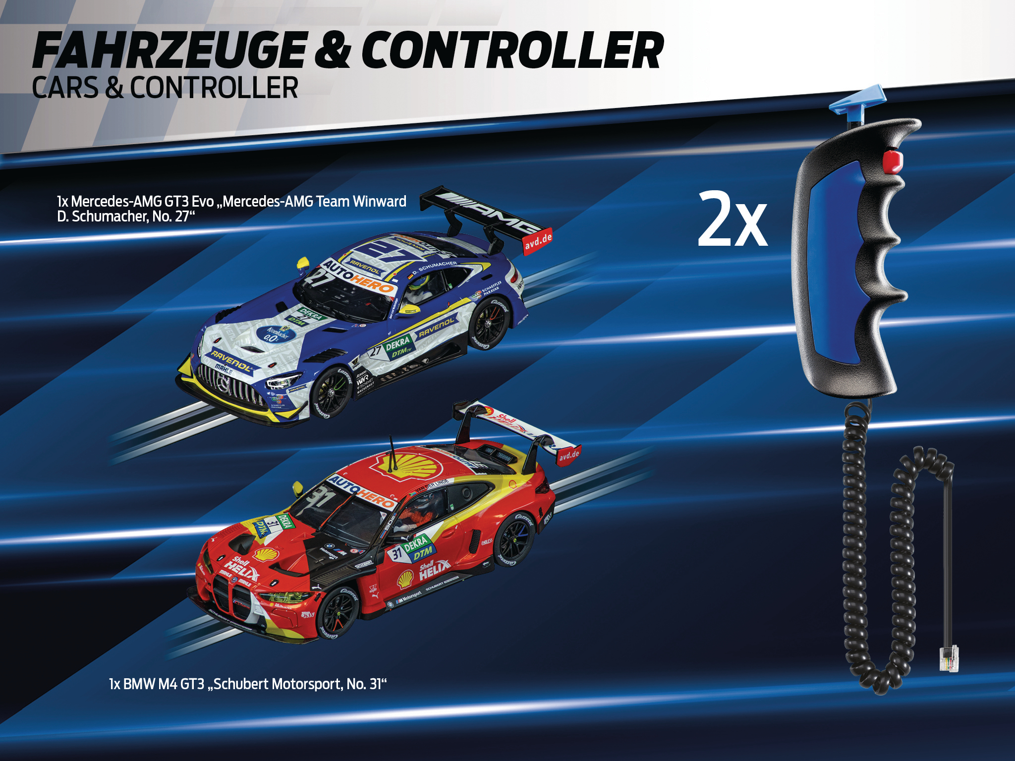 Das Bild zeigt zwei Rennwagen, einen blauen und weißen und einen rot-gelben. Außerdem gibt es einen blau-schwarzen Gamecontroller.