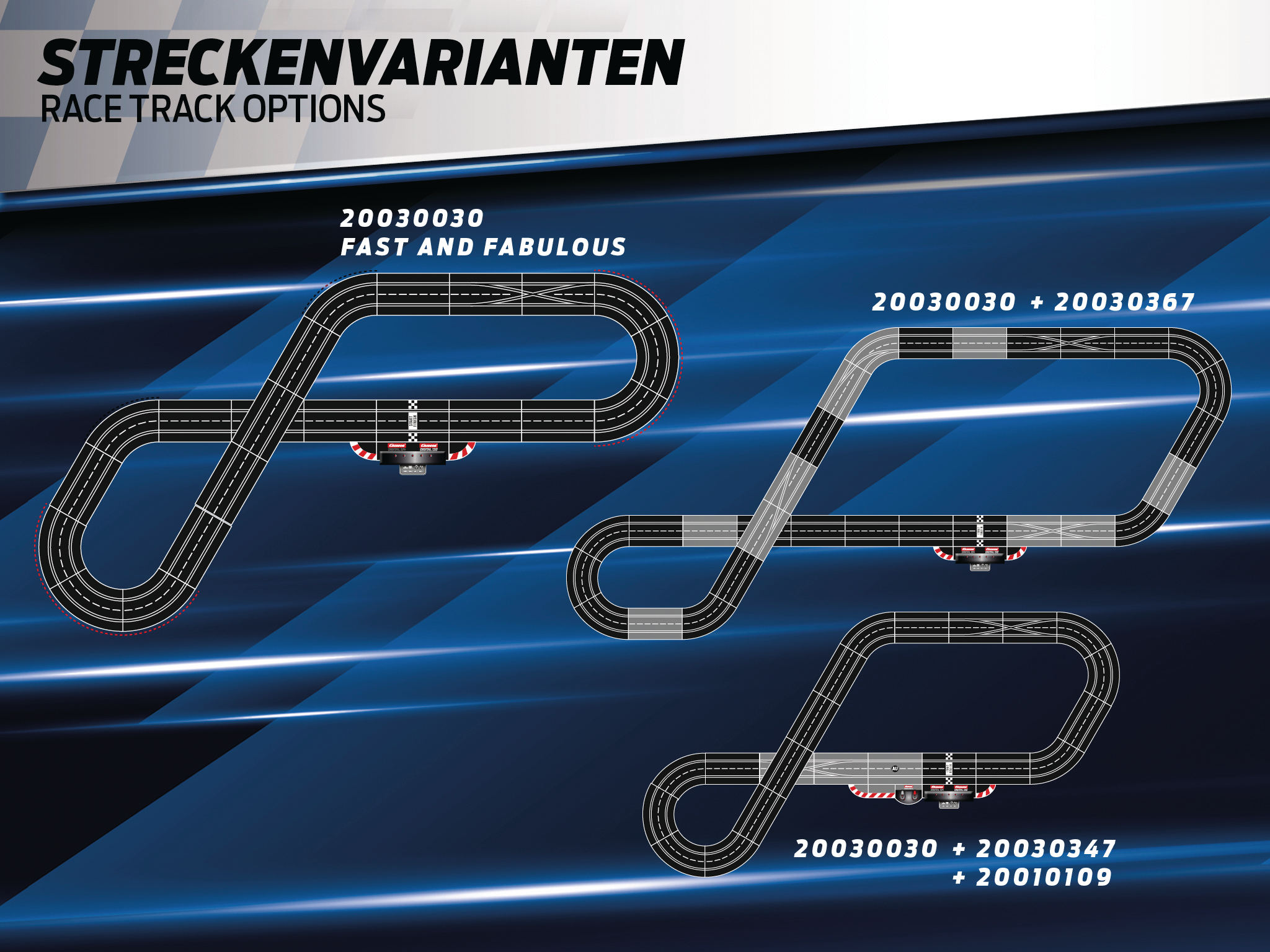 Das Bild zeigt Rennstreckenoptionen. Drei verschiedene Streckenlayouts sind vor blauem Hintergrund dargestellt und mit Produktcodes versehen.