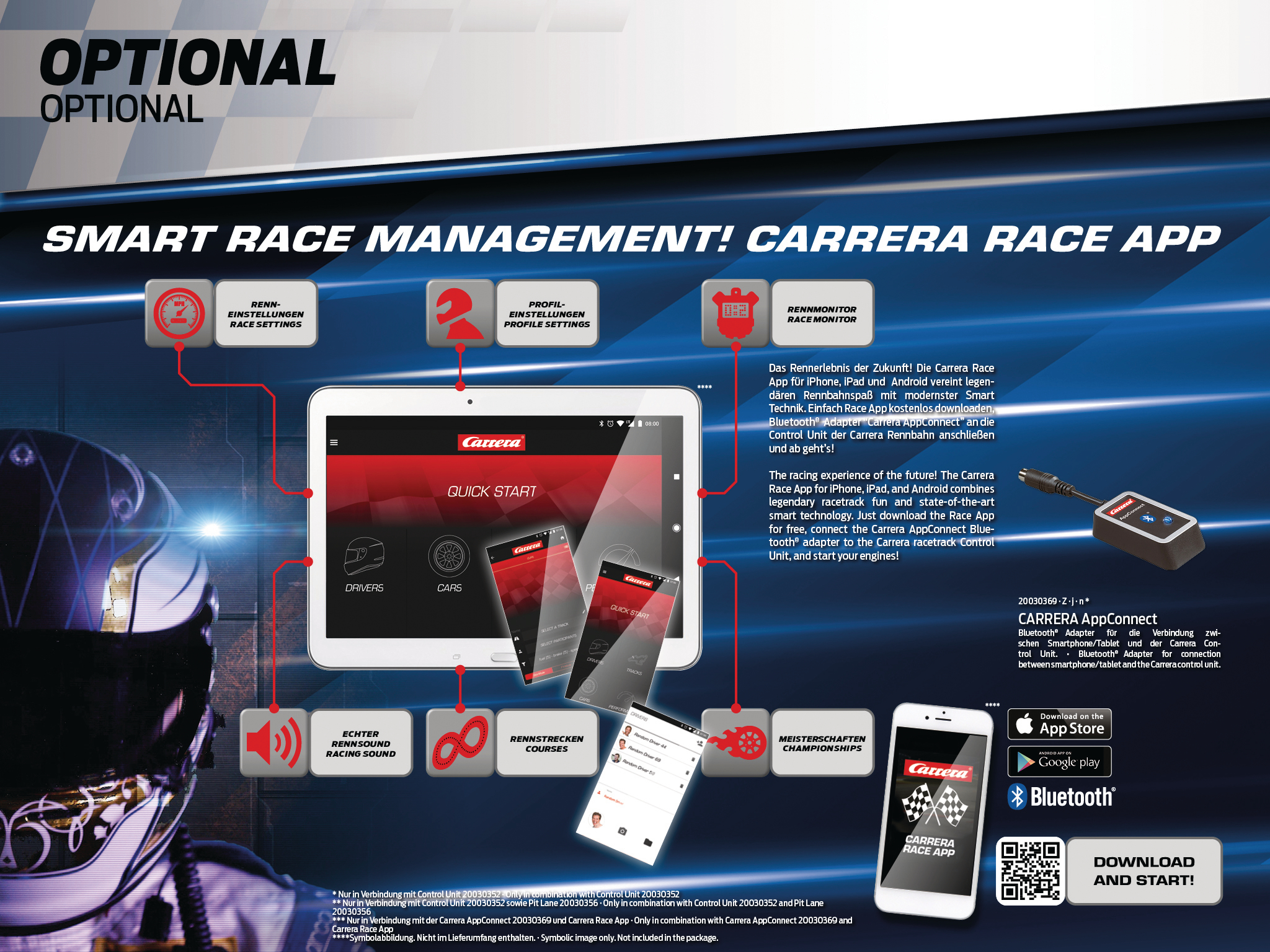 Das Bild zeigt Carrera Race App-Funktionen: Tablet, Telefon und Rennwagen-Elemente, mit einem Rennhelm im Vordergrund.
