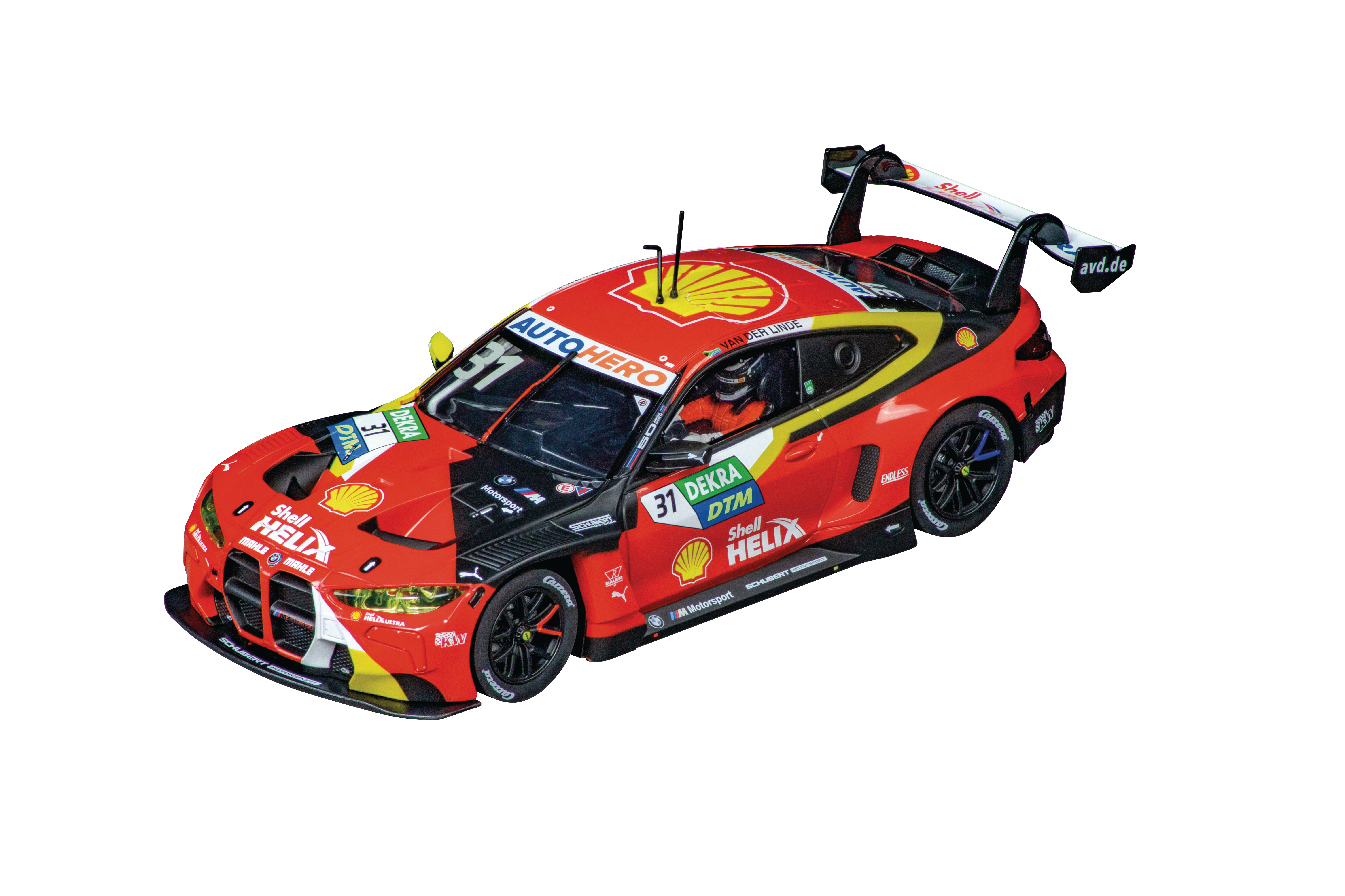 Ein rotes Rennauto mit schwarzen Akzenten, Shell- und Autohero-Logos, der Nummer 31 und einem Heckflügel.