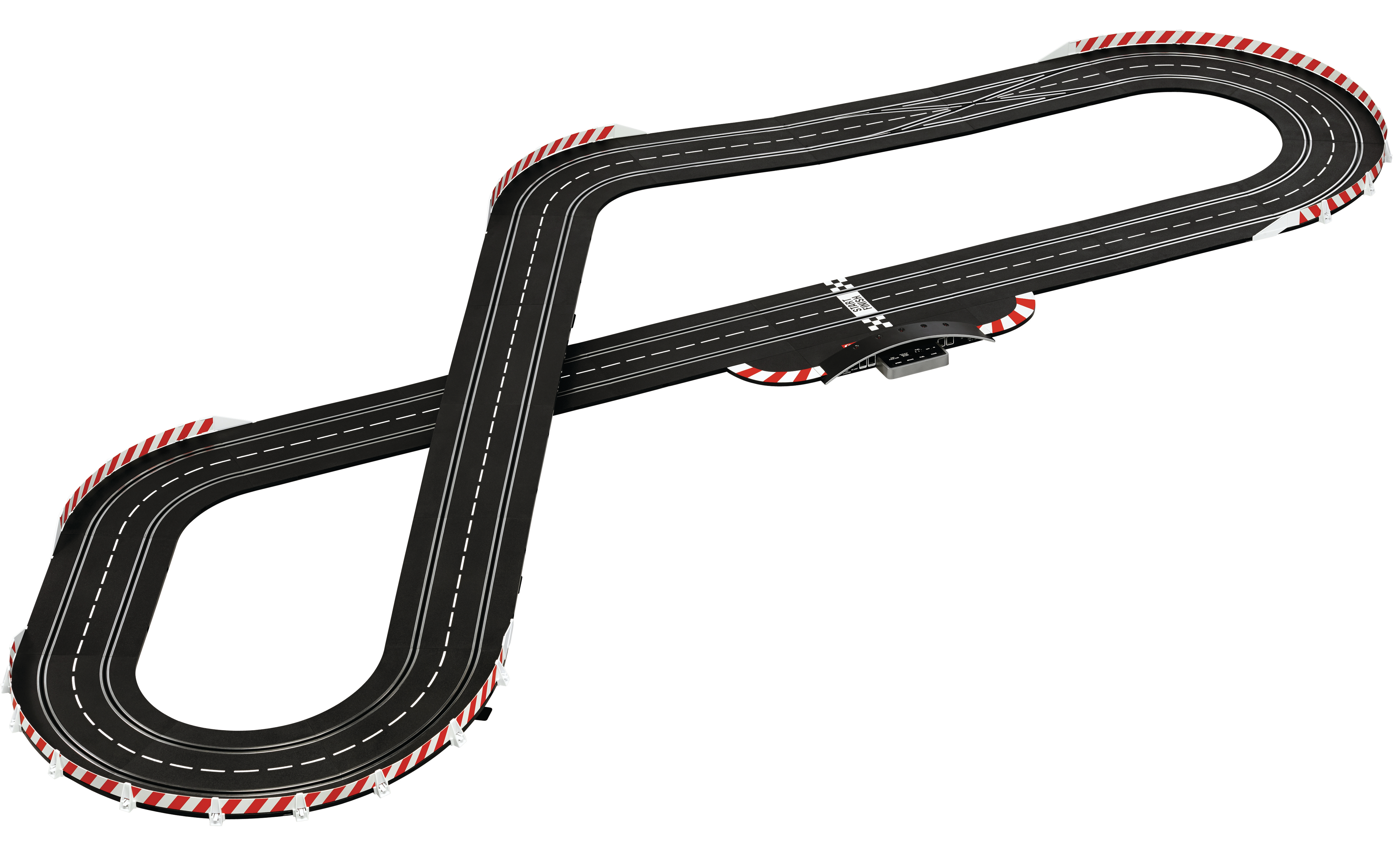 Eine Slotcar-Rennstrecke in Form eines Unendlichkeitszeichens. Sie hat schwarze Bahnen mit weißen Linien und rot-weißen Rändern.