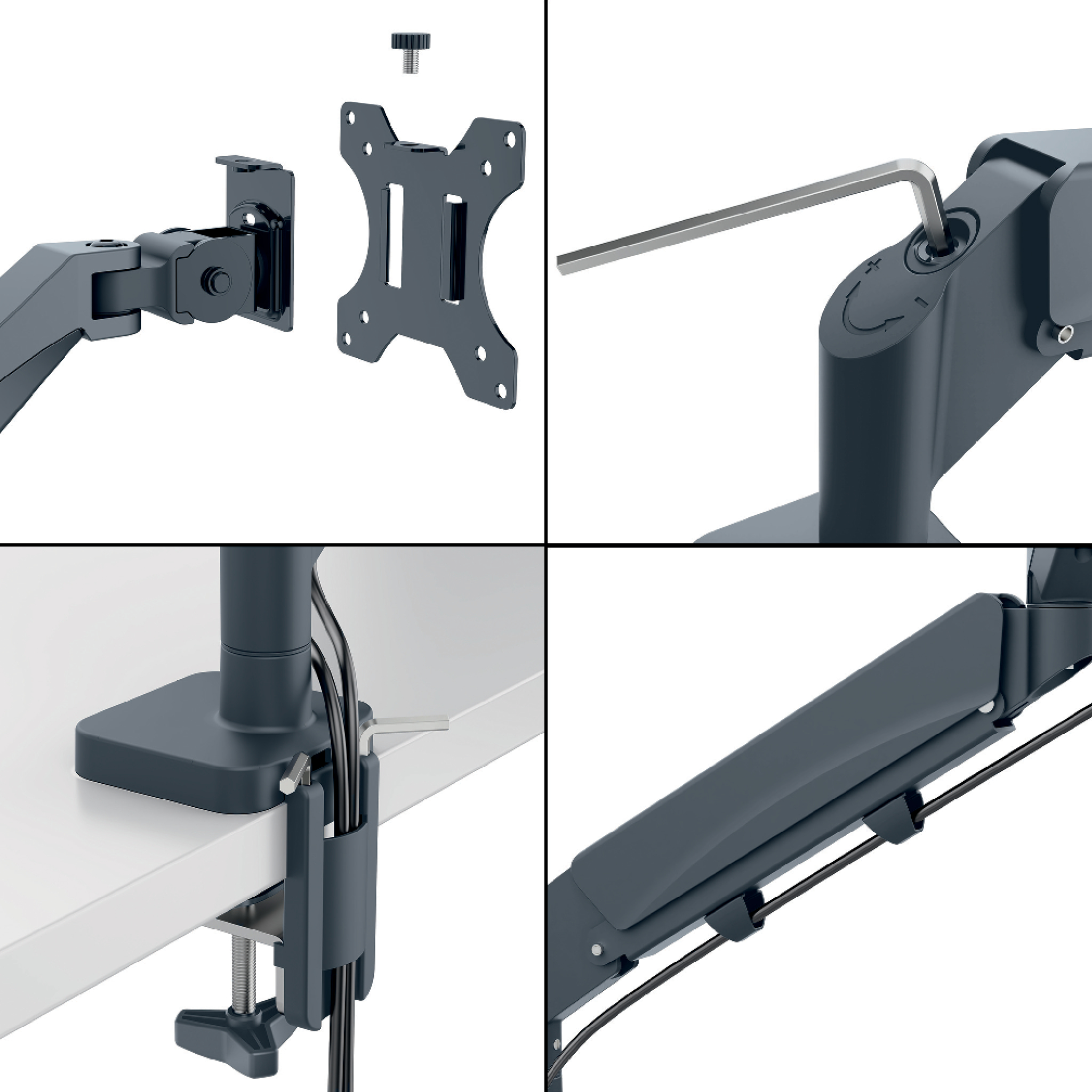 Vier Ansichten eines Monitorarms: Teile, Montage und Werkzeuge. Dunkelgraues Metall mit weißem Hintergrund.