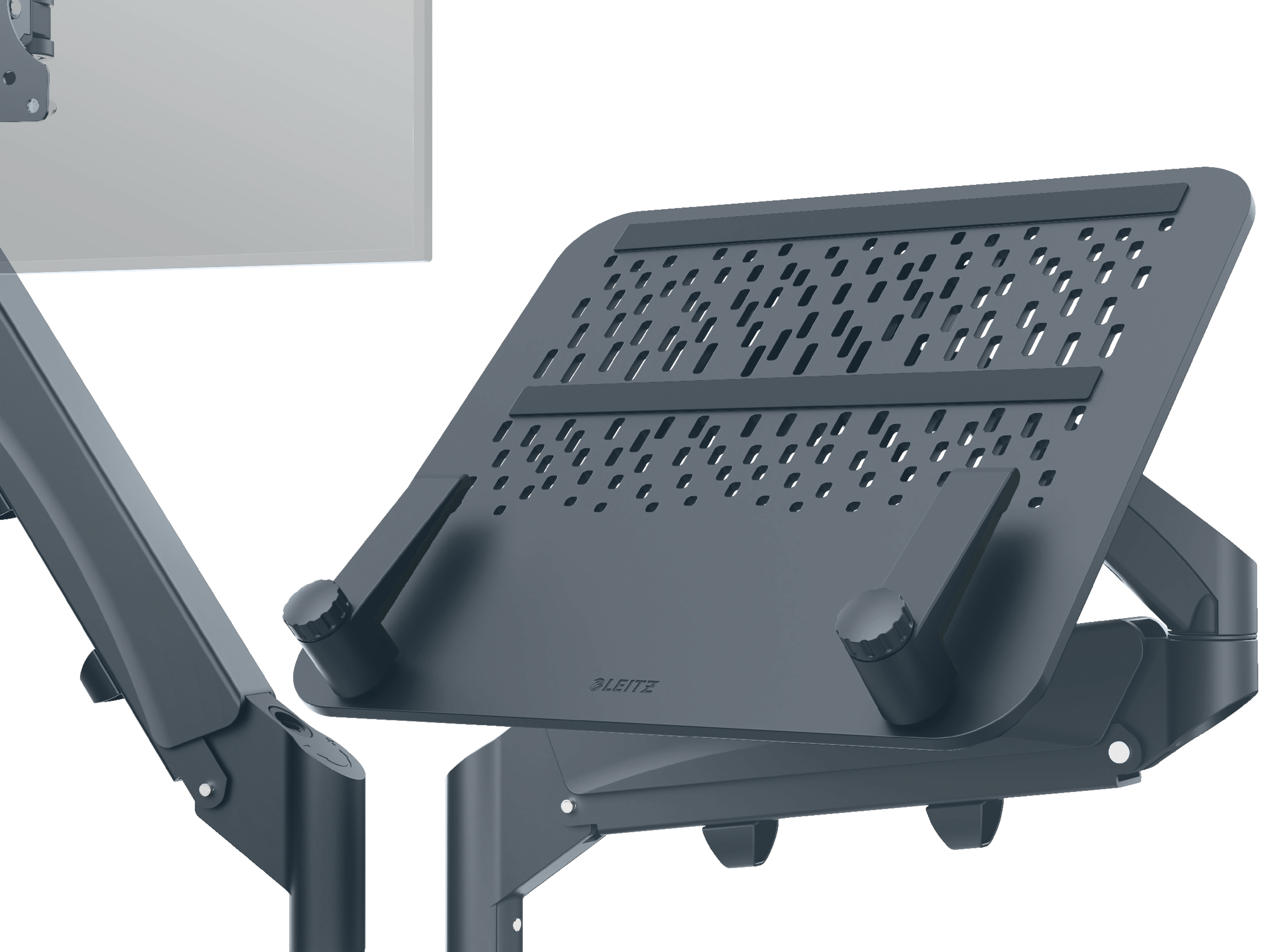 Ein grauer Laptop-Ständer mit Lüftungslöchern. Er hat verstellbare Arme und ein Leitz-Logo. Weißer Hintergrund.