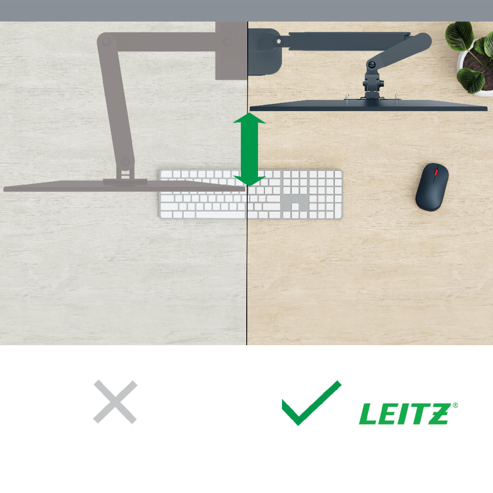 Schreibtisch-Setup-Vergleich. Links: falsch. Rechts: richtig, mit Monitor, Tastatur, Maus und Pflanze.