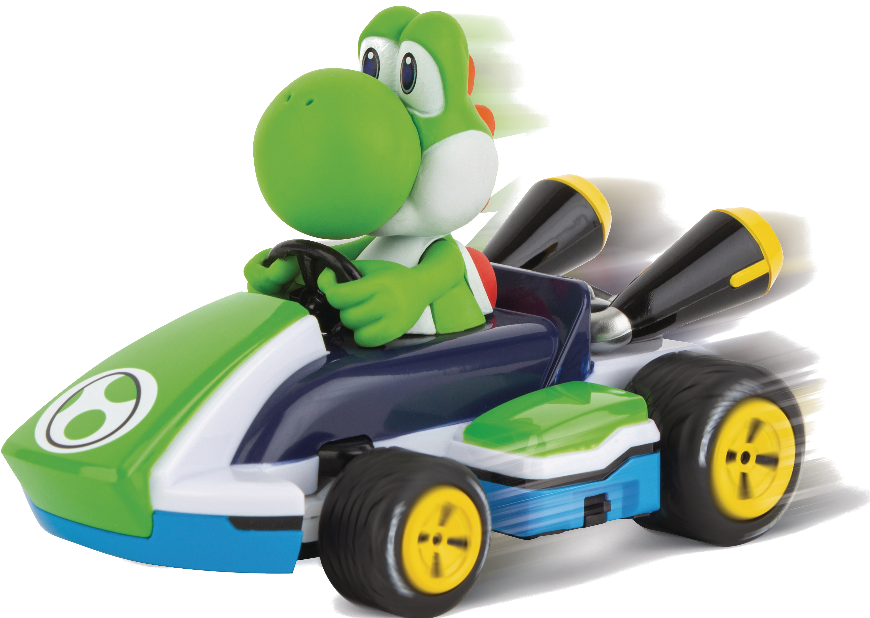 Yoshi-Spielzeug in einem Kart. Grüner Yoshi mit weißen Akzenten. Der Kart ist grün, weiß, blau und hat schwarze Reifen mit gelben Felgen.