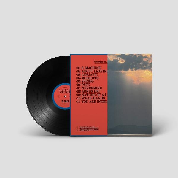 Ein Vinyl-Schallplattenalbum mit einer schwarzen Schallplatte und einem roten und grauen Albumcover. Das Album ist von Jackal Wedding.