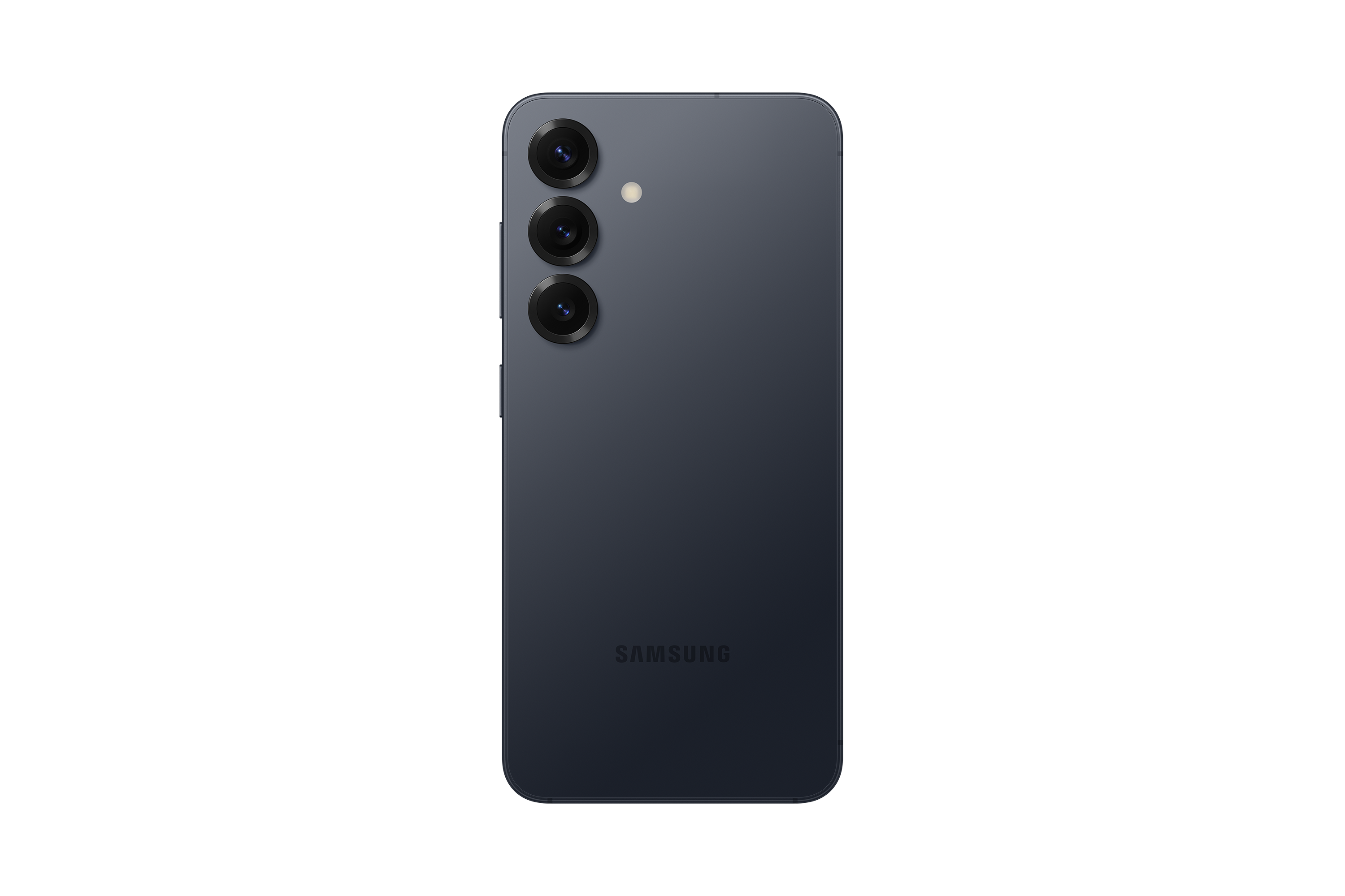 Egy sötétkék Samsung telefon hátulja látható. Három kamerája és egy Samsung logója van.