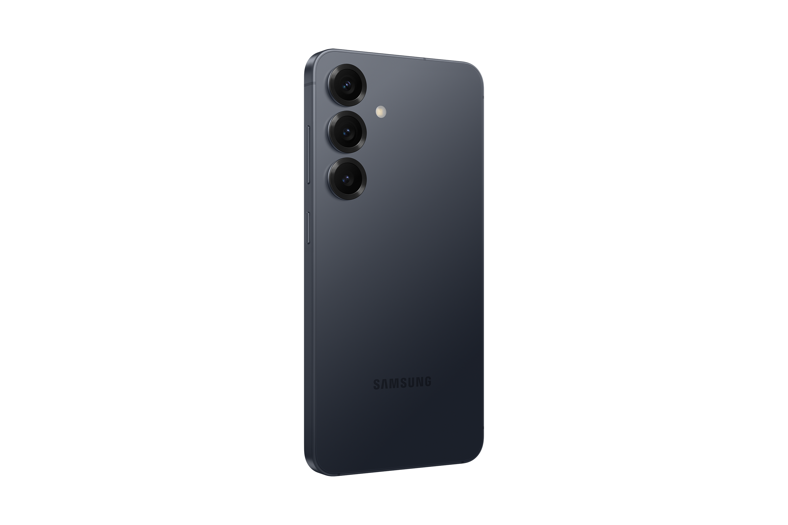 Egy sötétkék Samsung telefon hátlapja. Három kamerája és a Samsung logója látható.