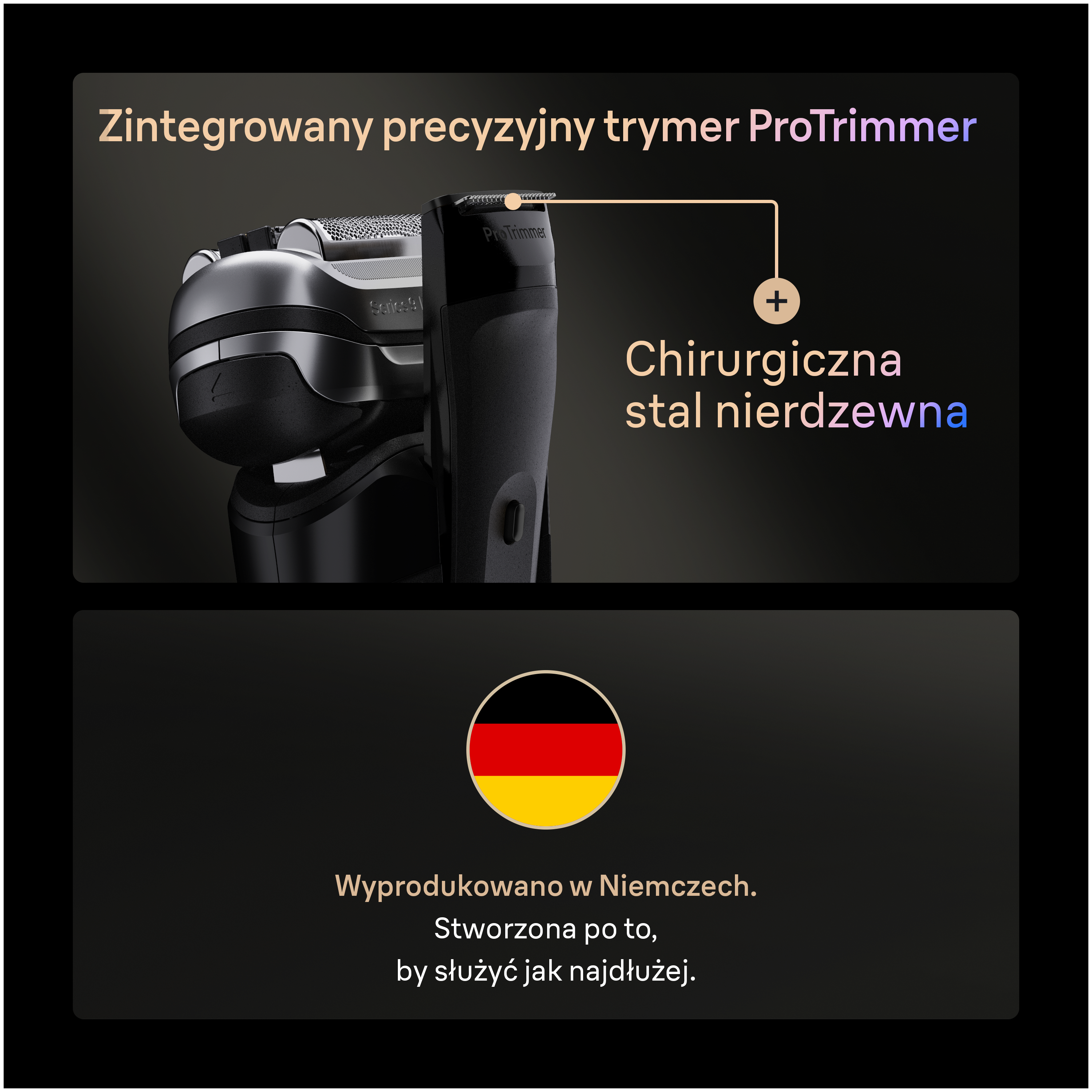 Obraz przedstawia czarną trymer z tekstem: ProTrimmer, chirurgiczna stal nierdzewna. Jest napisane: Wyprodukowano w Niemczech.