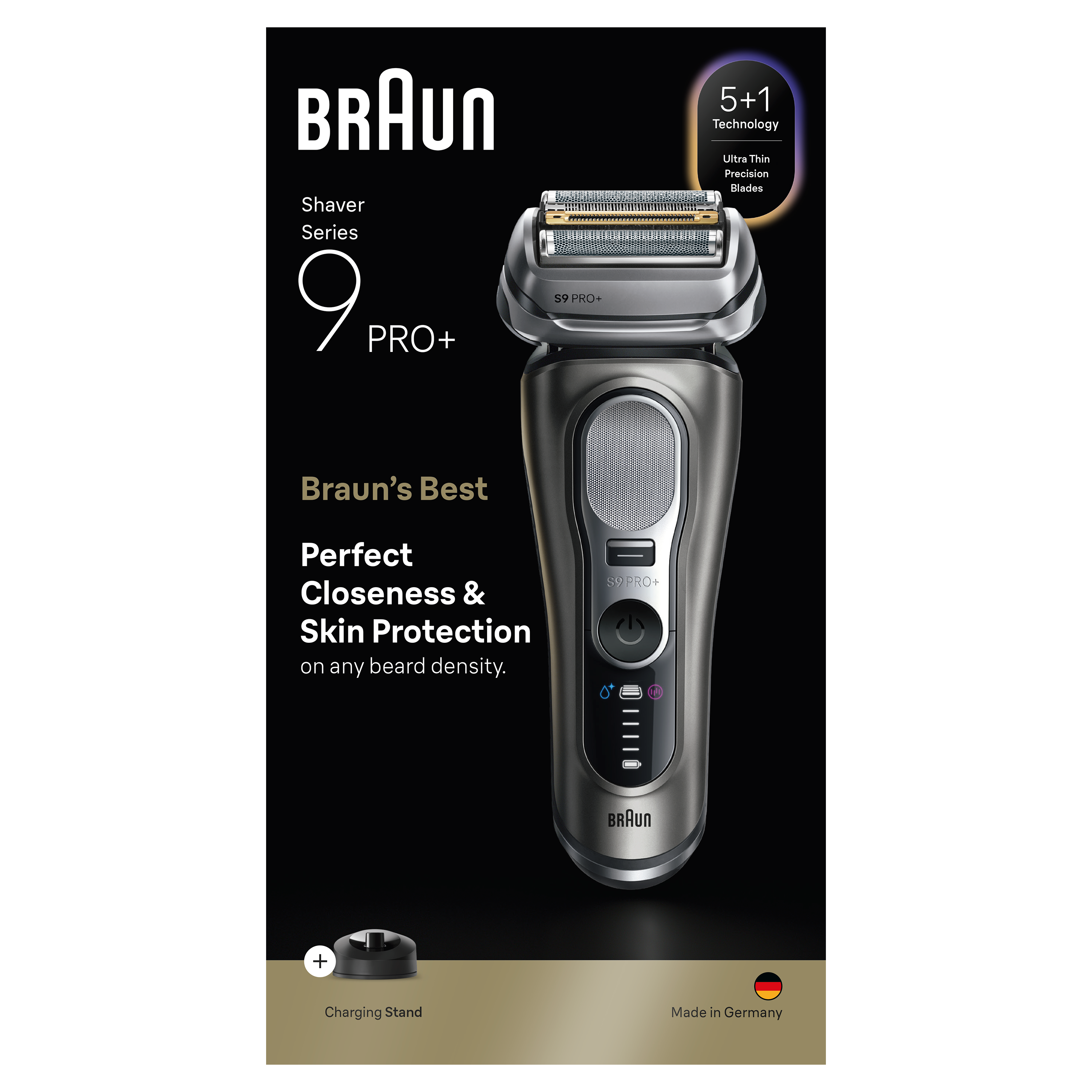 Reklama golarki elektrycznej Braun. Pokazuje golarkę i tekst: Perfekcyjne golenie i ochrona skóry.