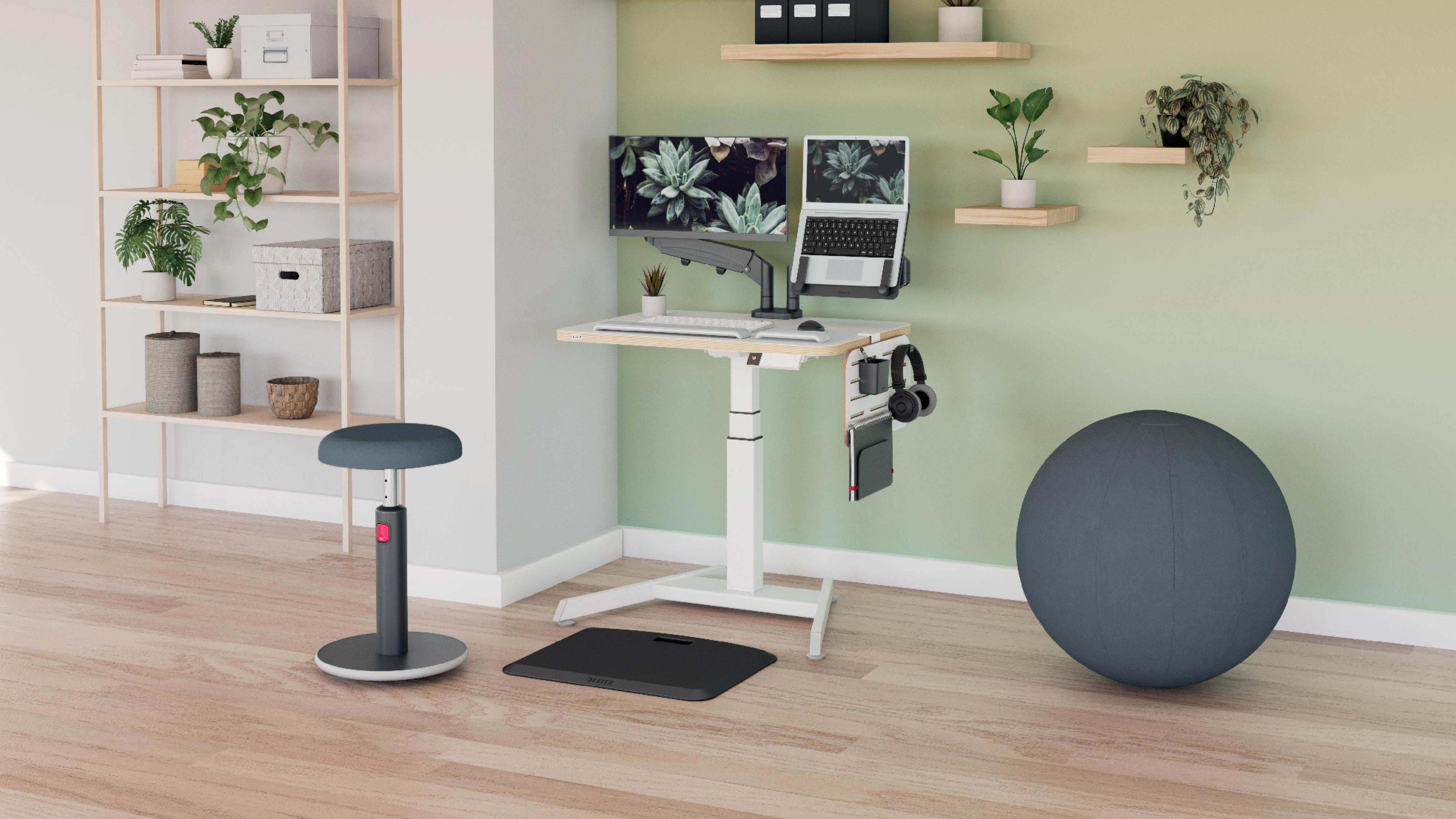 Modernes Heimbüro mit Stehpult, Monitor, Laptop, Pflanzen und einem grauen Gymnastikball.