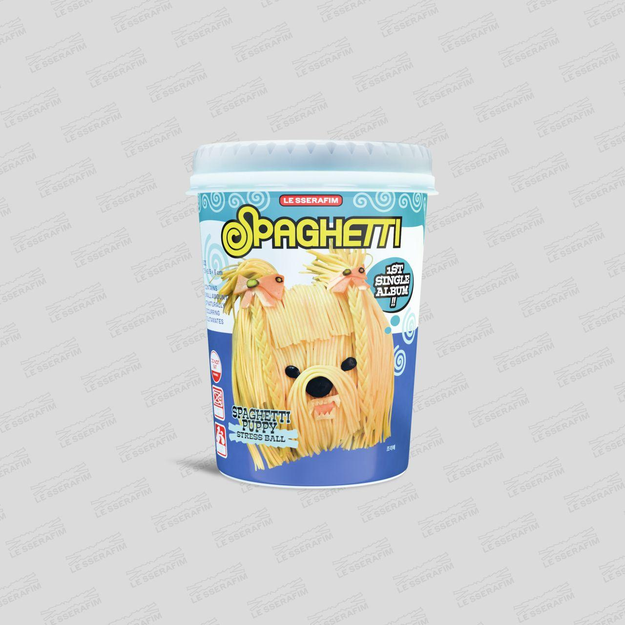 Eine Spaghettitasse mit Welpen-Design, mit dem Text 'Spaghetti Puppy Stress Ball' und '1st Single Album'.