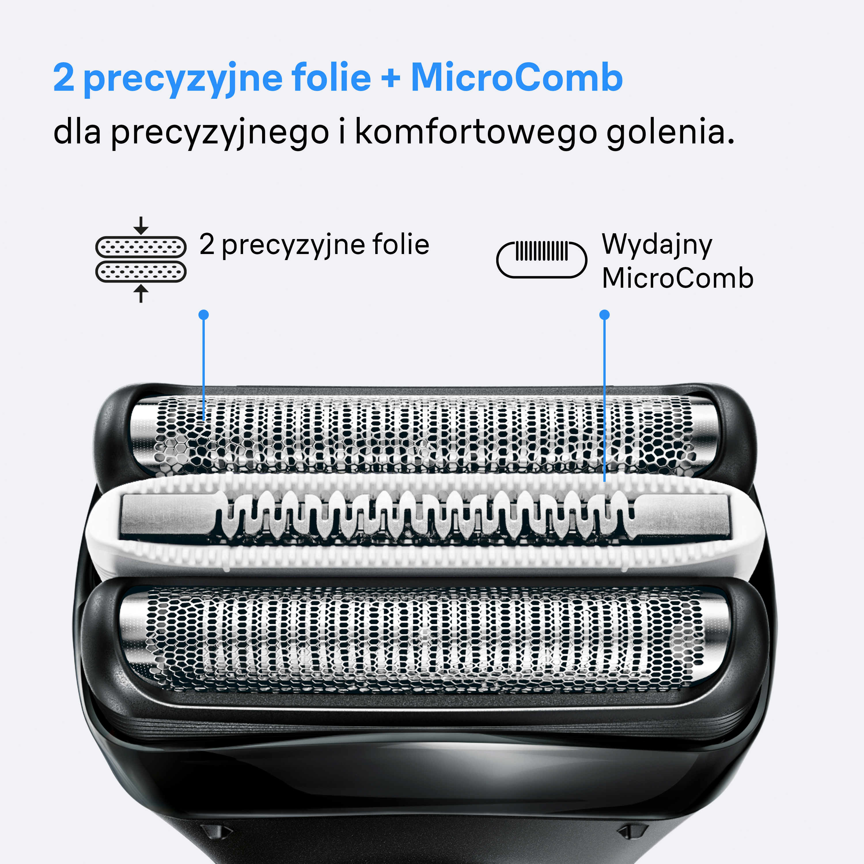Zbliżenie głowicy golarki z dwiema foliami i MicroComb. Tekst: precyzyjne i komfortowe golenie.