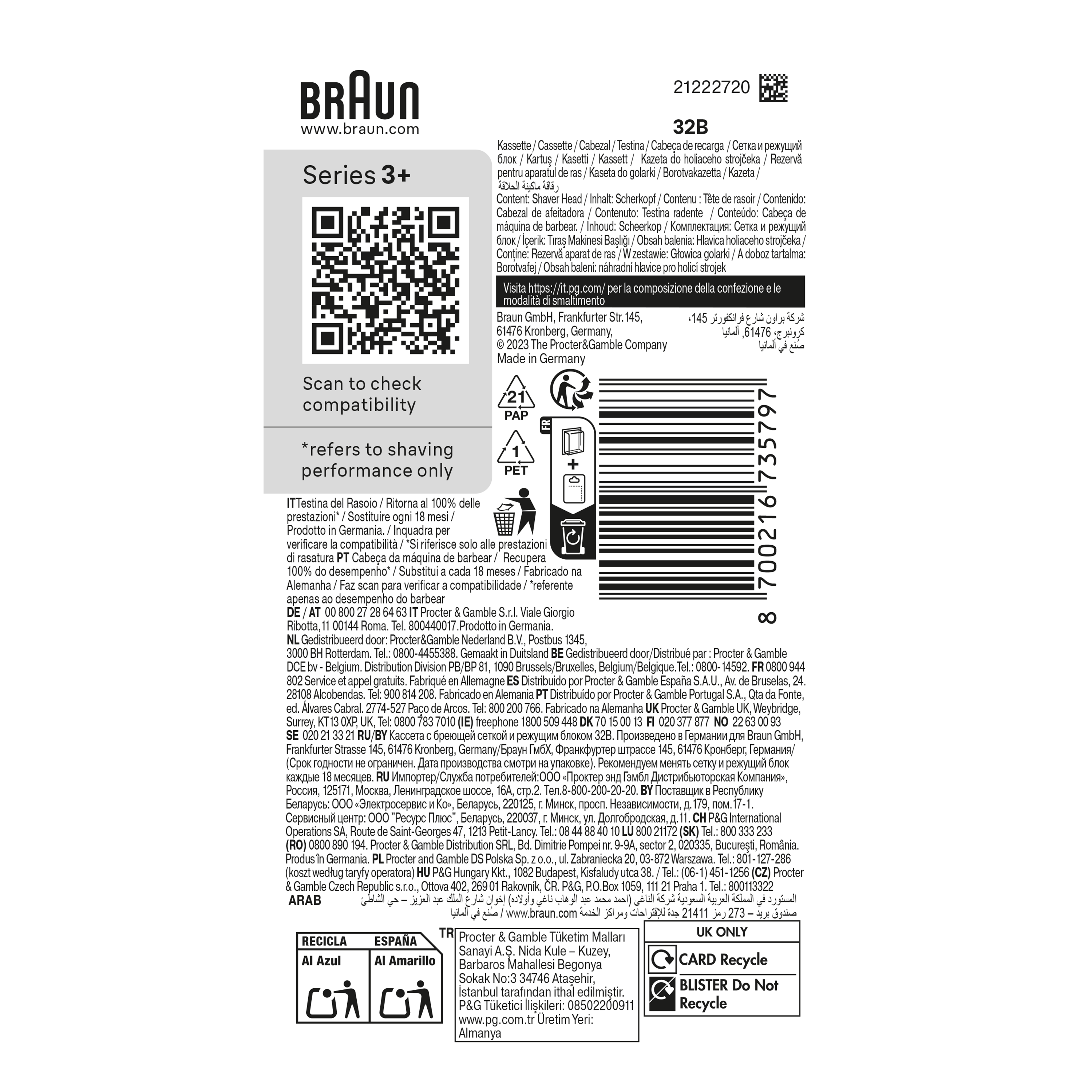 Obrazek przedstawia pudełko golarki Braun Series 3+ z tekstem i kodem QR.