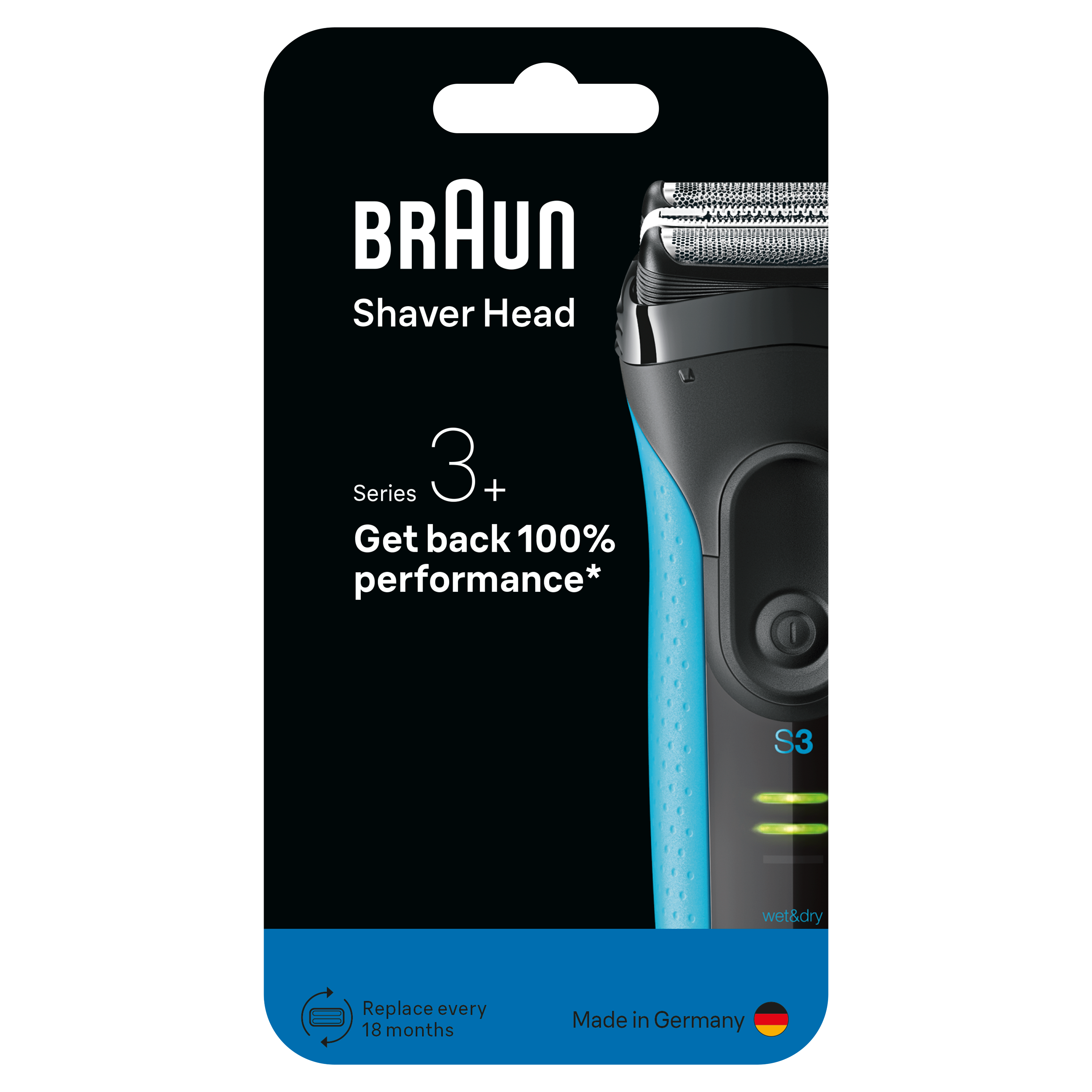 Opakowanie głowicy golarki Braun. Czarne tło, golarka po prawej stronie. Tekst zawiera 'Braun' i 'Series 3+'.